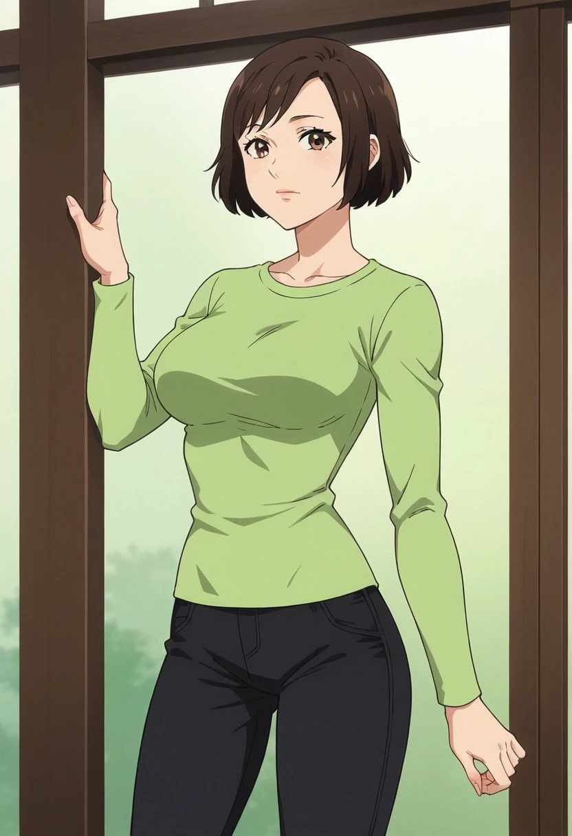 score_9, score_8_up, score_7_up, source_anime, anime screencap, ogawara, 1girl, solo, short hair, brown hair, bob cut, brown eyes, black hair, brown hair, shirt, long sleeves, pants, green long sleeves, black pants,  large breasts, sexy pose,