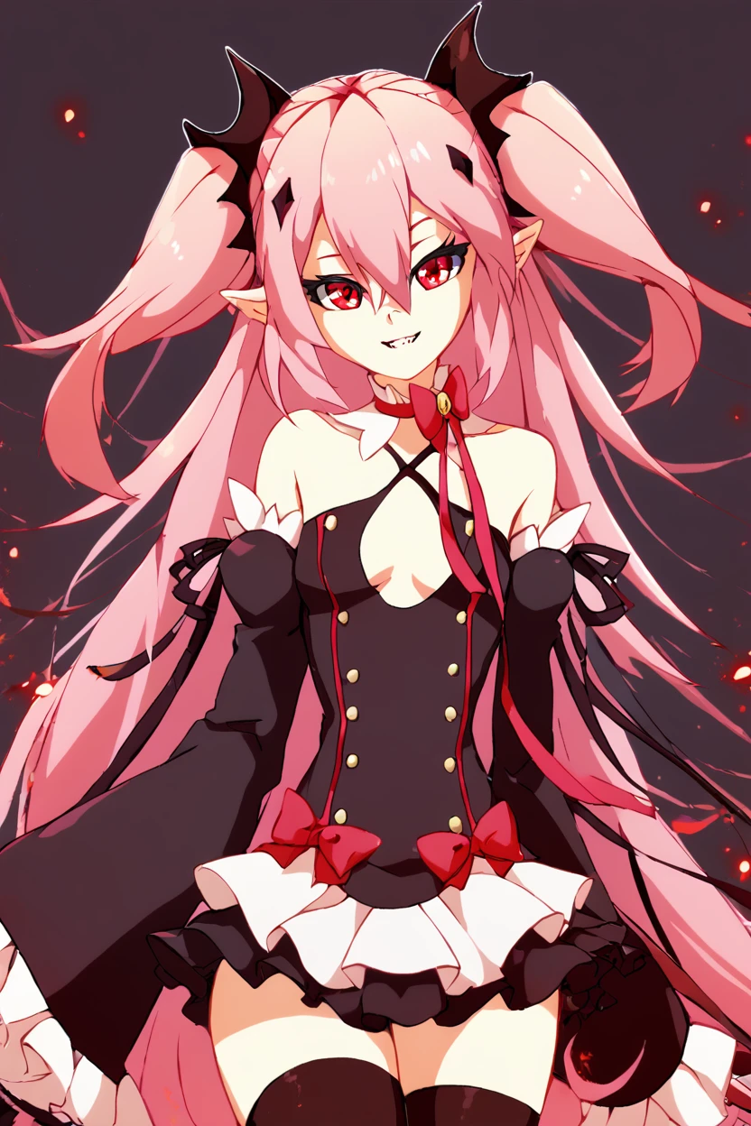 score_9, score_8_up, score_8, medium breasts, (curvy), cute, eyelashes,       BREAK, ,  ,,, <lora:Krul_Tepes_PDXL:1>, zzKrul, pink hair, long hair, pointy ears, red eyes, vampire, hair between eyes, very long hair, two side up detached sleeves, bare shoulders, dress, black dress, ribbon, bow, hair ornament, thighhighs, ,,,  , BREAK, smile, looking at viewer, cowboy shot, ,,, embedding:zPDXL, <lora:DiivesP1:0.7>,