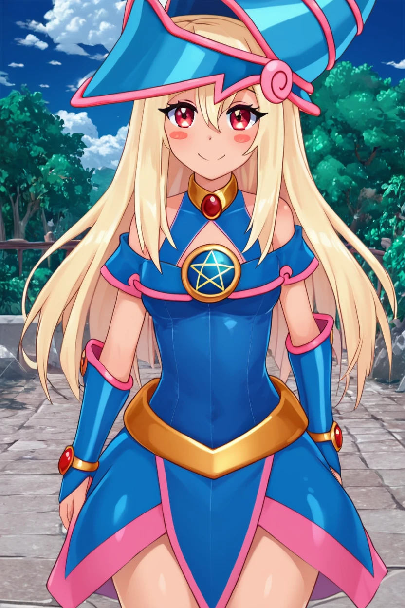 score_9, score_8_up, score_8, large breasts, (curvy), cute, eyelashes,       ,,, , ,,, zzPrismagicCitronOC, hair between eyes, red eyes, blonde hair, long hair, blue headwear, wizard hat, bare shoulders, detached sleeves, pentacle, dress, blush stickers,  <lora:Prismagic_CitronOC_PDXL:0.8>,     ,,,, BREAK, smile, looking at viewer, cowboy shot, ,,, outdoors, sky, day, cloud, tree, blue sky, sunny,  ,,, Expressiveh, ,,, <lora:Alola_Style_PDXL:0.8>, <lora:Expressive_H-000001:0.4>,