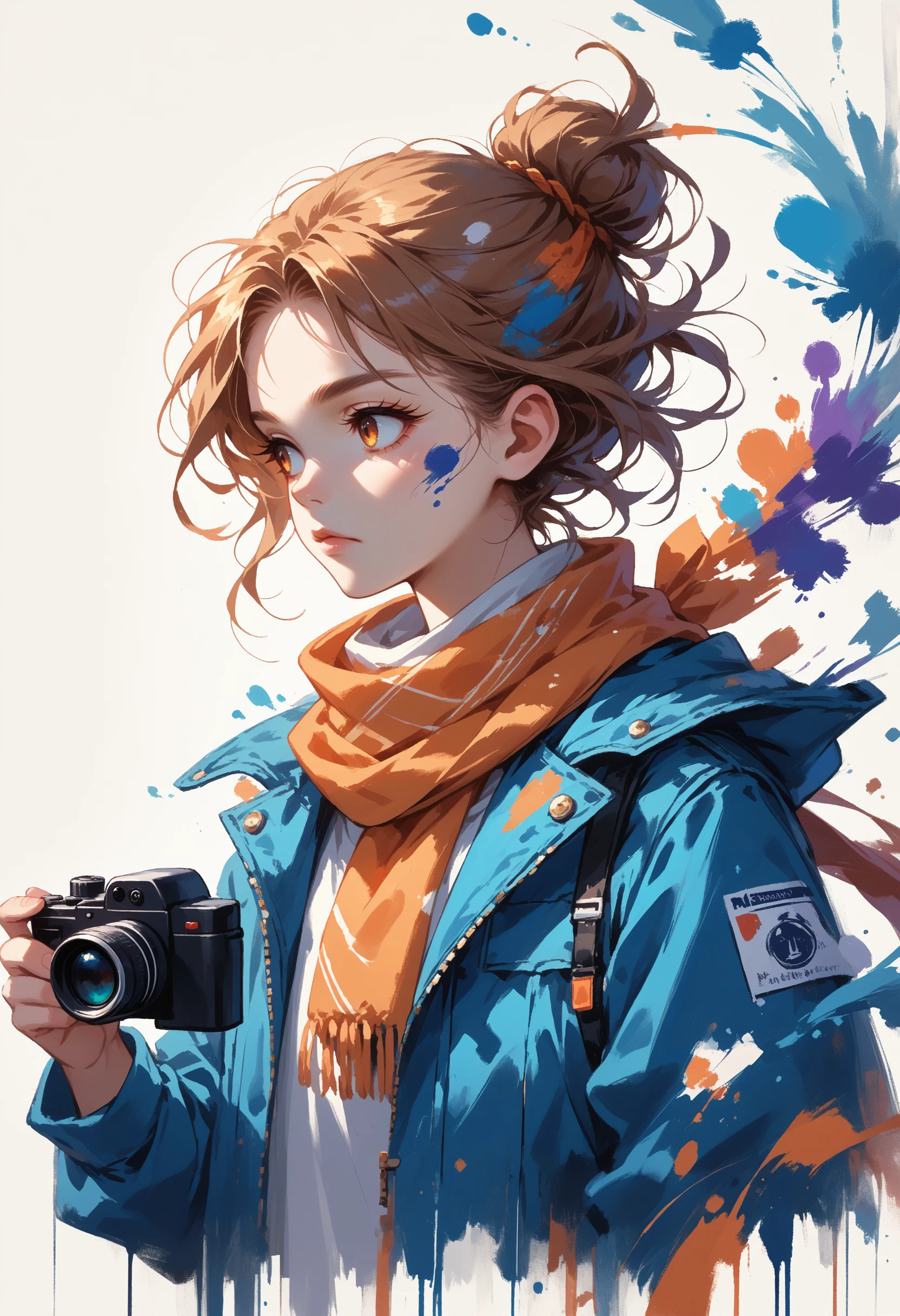 score_9, score_8_up, score_7_up, source_anime, 
<lora:wrenchDreamInkb2:1>, wrnchDreamInk, abstract, brush strokes, paint, 
1girl, blue jacket, camera, holding, jacket, looking to side, orange scarf, scarf, simple background, upper body, white background, holding camera, solo,