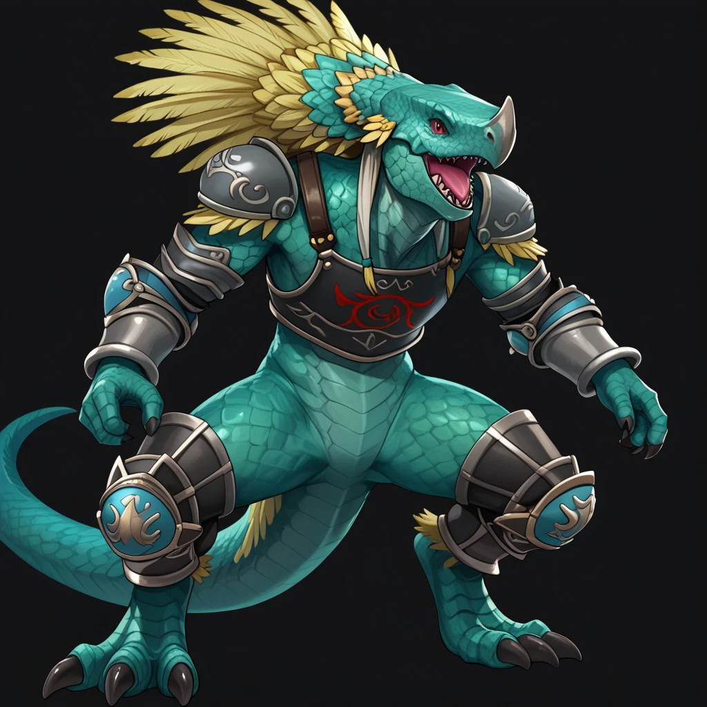 lizardman sc3, lizardman, reptile, scalie, anthro, furry, greenish teal scales, greenish cyan scales, yellow feathers, red eyes, black claws, 5 fingers, 3 toes, armor, solo, open mouth, black background, simple background, scales, tail, sharp teeth, tongue, breastplate, shoulder armor, knee armor, black armor, grey armor, male, featureless crotch, masterpiece, ultra detailed, high quality, score_9, score_8_up, score_7_up, score_6_up, score_5_up, score_4_up