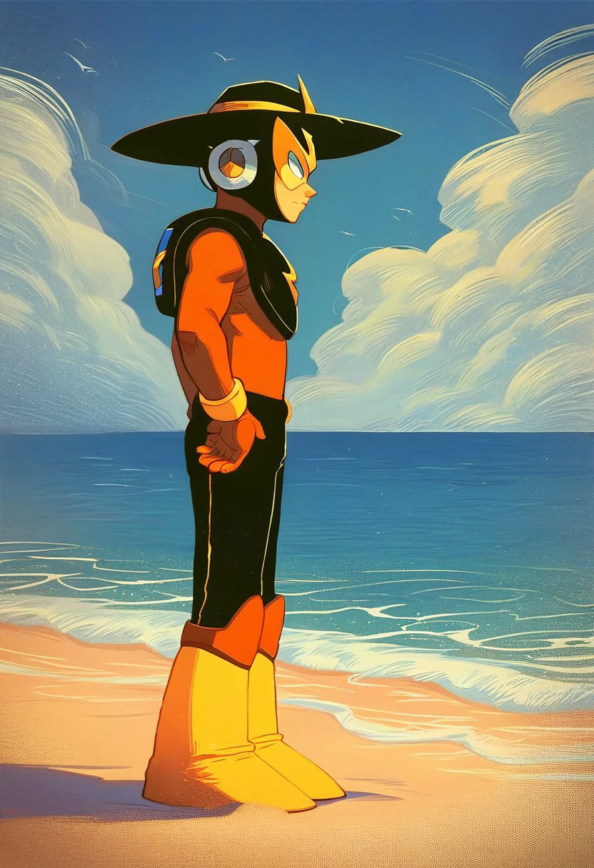 Score_9, score_8_up, score_7_up, elecman, full body, side view, hands on hips, rating_safe, evil, beach, beach hat, sand, sea, blue sky