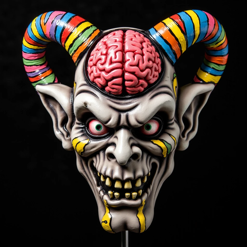 halloween mask, cybernetic demon with exposed brain, colorful striped horns