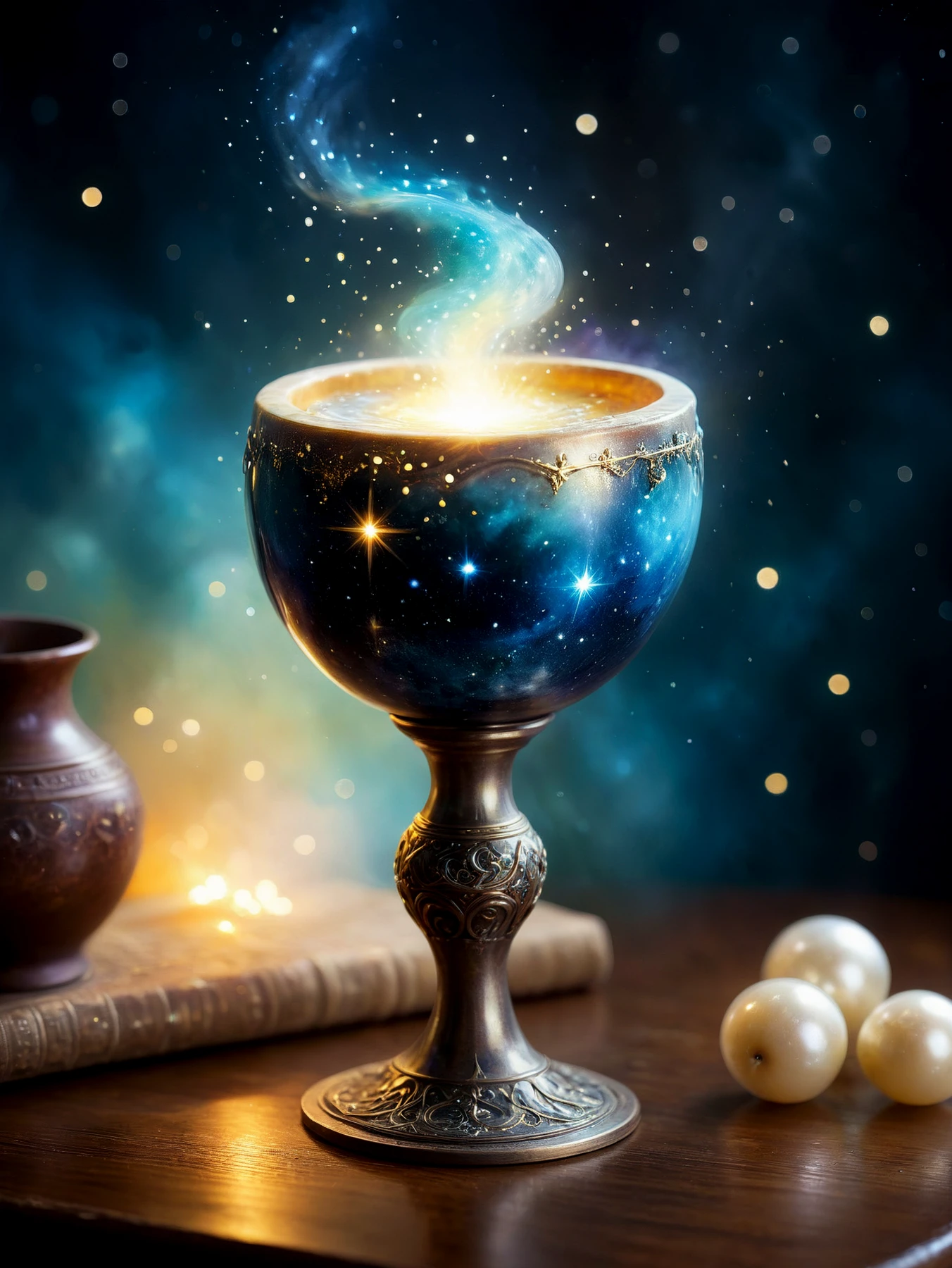 A rustic and ancient goblet, filled with a swirling glowing galaxy. Rising from the goblet is a plume of pearlescent stars, brilliant glowing ghostly elements.
<lora:FntsyLightShow01_CE_SDXL_64x32x220x2bOT:0.7> fntsylghtshwCE_style