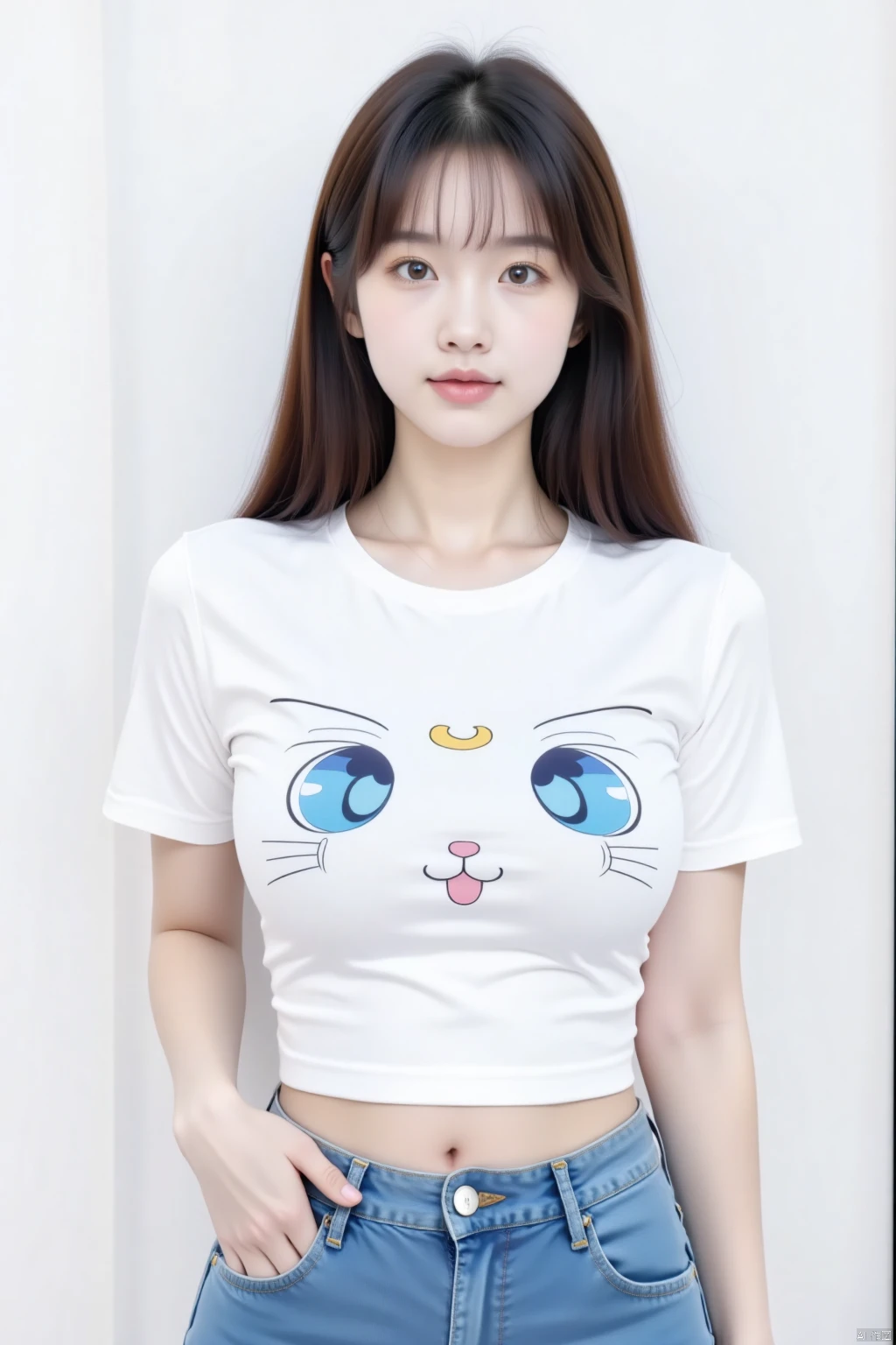 Internet celebrity clothing,a young Asian woman stands in front of a white wall. She is wearing a white t-shirt with a cat face on the front of it,adorned with blue eyes,a pink tongue,and a yellow smile. Her hair is long and cascades over her shoulders,adding a pop of color to her outfit. The backdrop is a stark white