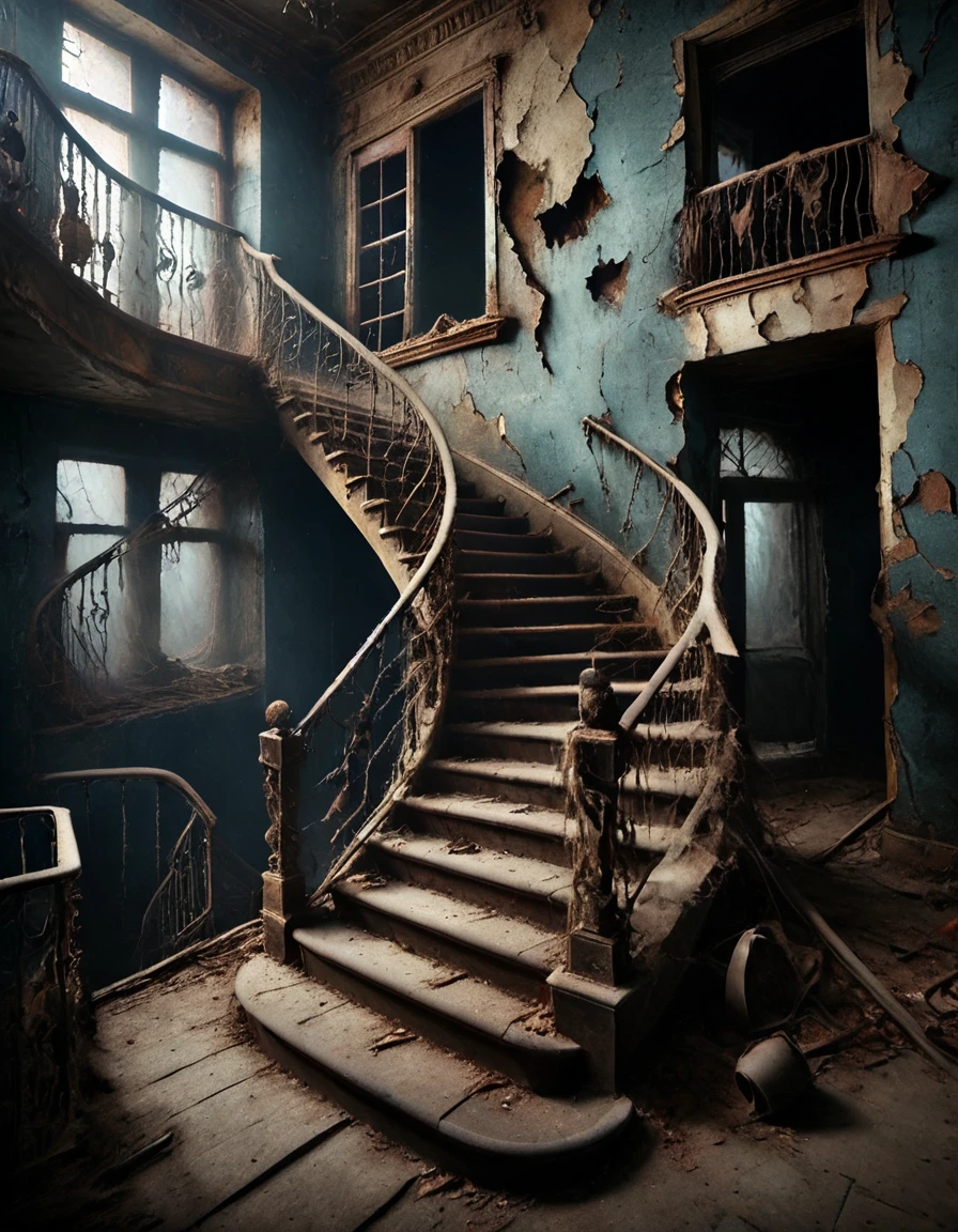 ral-hrthtr spiral staircase, rusted twisted iron railings, ghostly figures near broken windows, creaking steps, eerie laughter, beckoning hands from walls, haunted balcony
<lora:ral-hrthtr-sdxl:1>