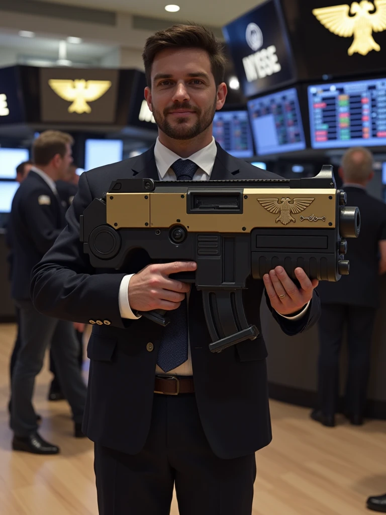 man in a suit stand in the stock exchange, he is holding an mad-gdwn-bltr gun as , the gun is painted matte black with golden dollar symbols on the side,  <lora:Bolter_Godwyn_FLUX:1>