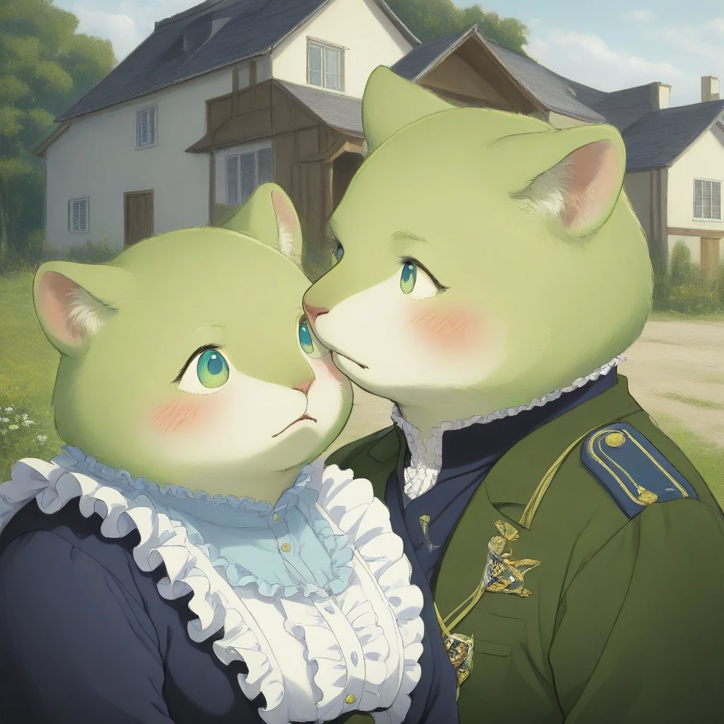 uniform, green eyes, blush, jacket, no humans, house, profile, frills, looking at another