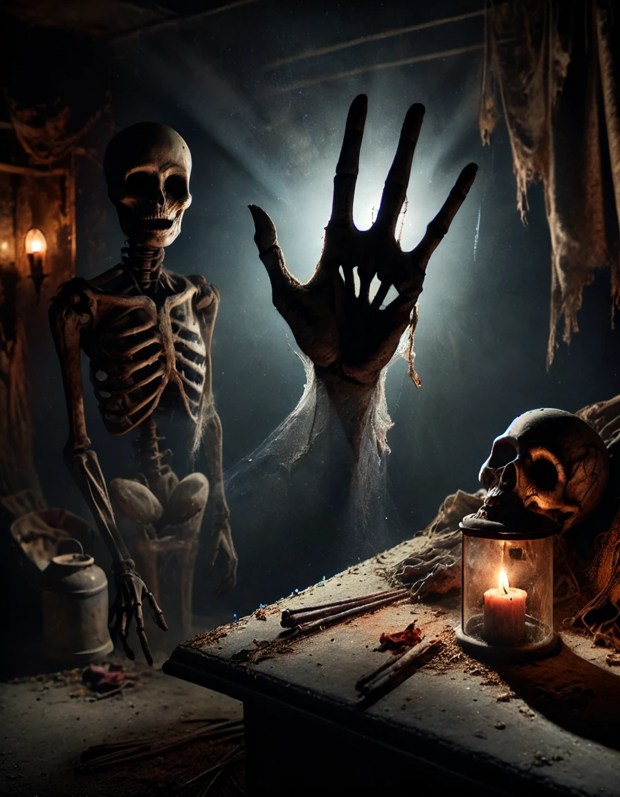 ral-hrthtr skeletal hand reaching from shadows in dark basement storage, dust-covered mannequins and broken props around, flickering candle casting light, eerie atmosphere, horror scene
<lora:ral-hrthtr-sdxl:1>