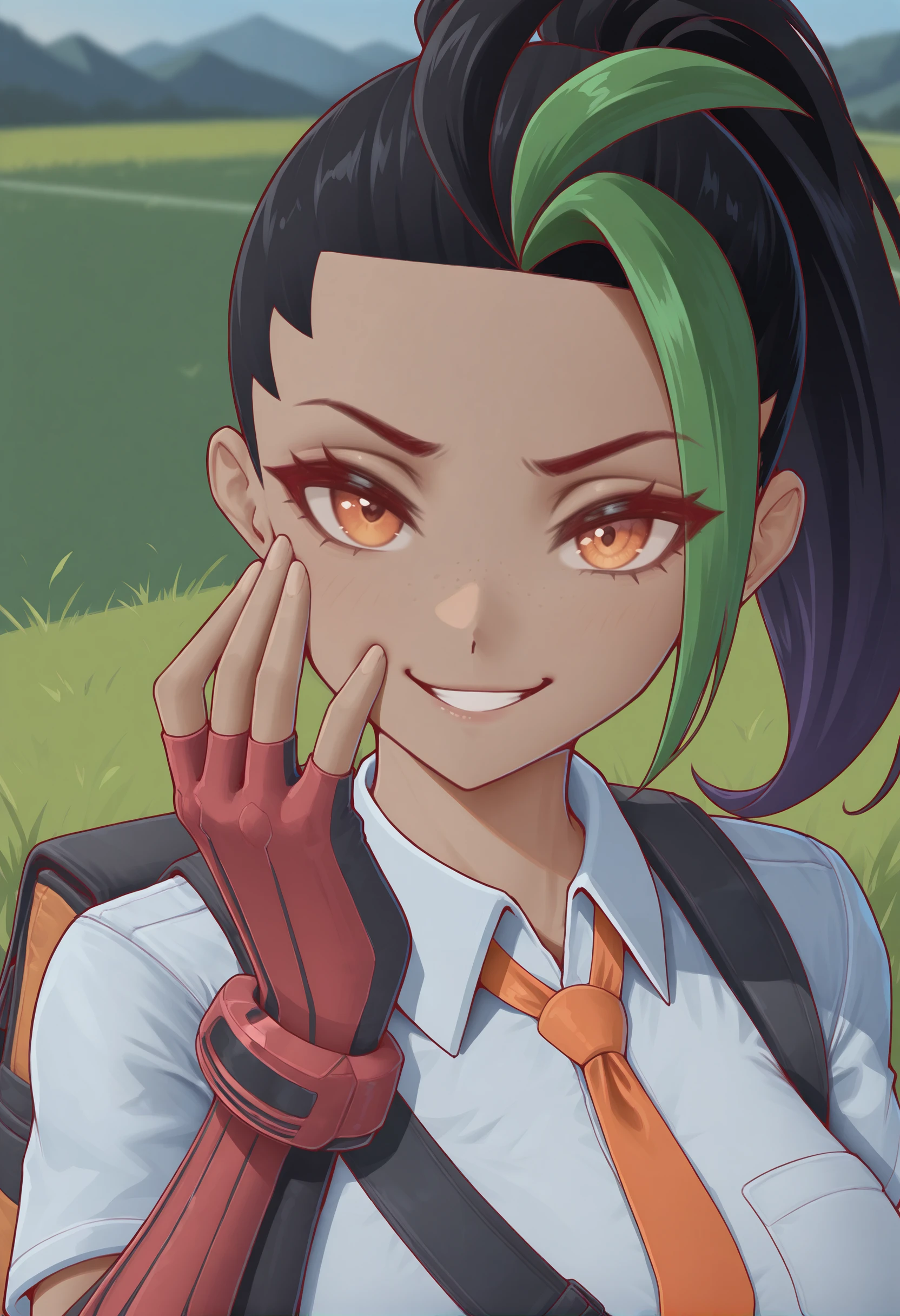 perfect quality, best quality, masterpiece, absolutely eye-catching, mlhilxl, 1girl, dramatic lighting, BREAK portrait, upper body, looking at viewer, smug, Nemona \(Pokemon\), black hair, green hair, orange eyes, dark skin, multicolored hair, two-tone hair, hair pulled back, collared shirt, fingerless gloves, orange shorts, backpack, grasslands,