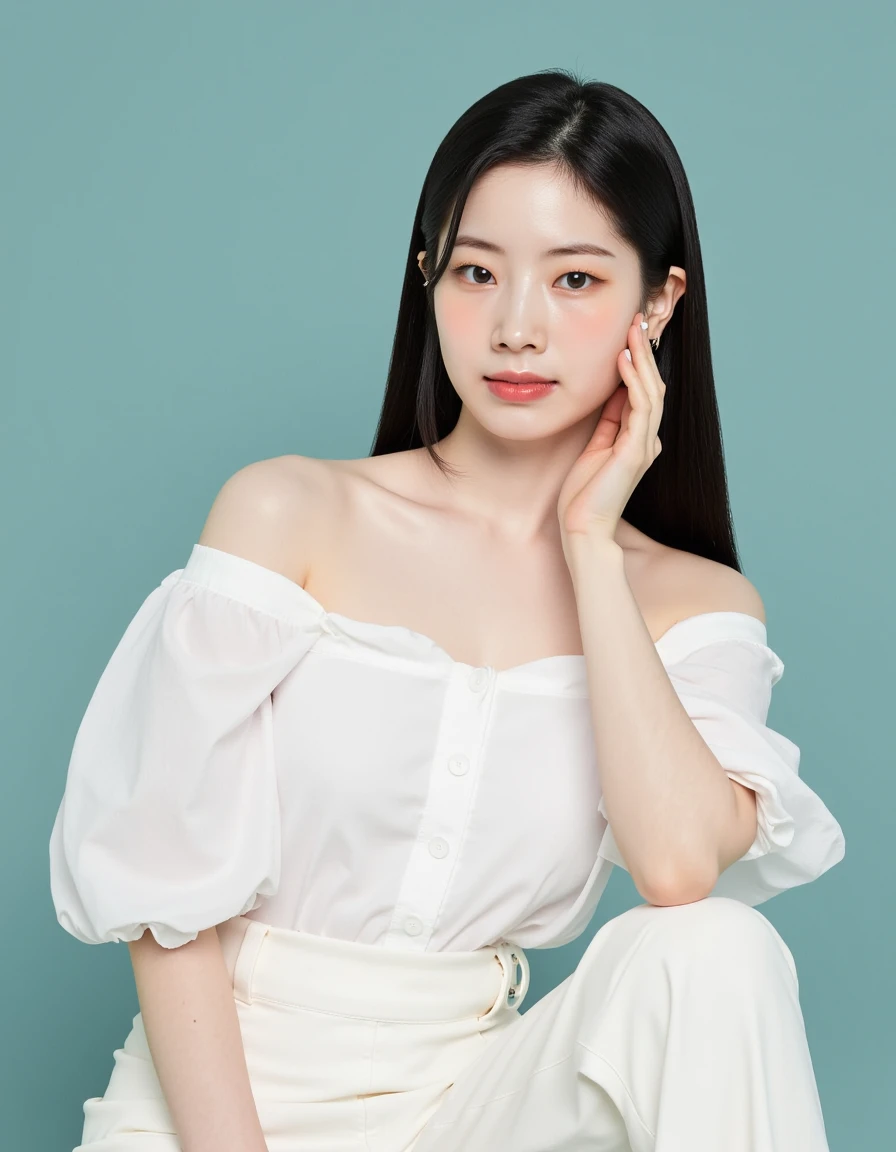 The image is a photograph of a young Asian woman with long, straight black hair that falls over her shoulders. She has a fair complexion and delicate facial features with a subtle makeup look, including light pink lipstick and a hint of blush on her cheeks. She is wearing a white, off-shoulder blouse that has a loose, flowing fabric and is partially unbuttoned at the top. The blouse has a casual, yet elegant design with puffy sleeves and a buttoned front. She pairs the blouse with high-waisted, white pants that have a sleek, tailored fit.
The background of the image is a solid, muted teal color, which contrasts softly with her white attire, making her stand out prominently. The woman is posed in a relaxed, almost pensive manner, with her right hand gently resting on her face and her left hand supporting her on her left thigh. Her expression is calm and thoughtful, with her gaze directed towards the camera. The lighting in the photograph is soft and even, highlighting her features and the texture of her clothing without casting harsh shadows. The overall style of the image is modern and minimalist, emphasizing simplicity and elegance. <lora:dahyun_neurocanvas_v1:1>