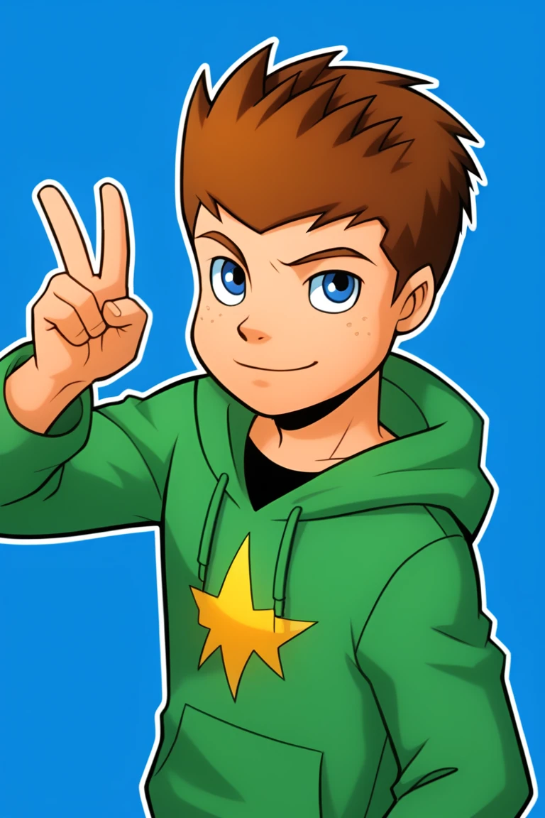 powerpack_jack, 1boy, male focus,male child, solo, brown hair, blue eyes, green hood,peace sign, blue background,  simple background, spiked hair