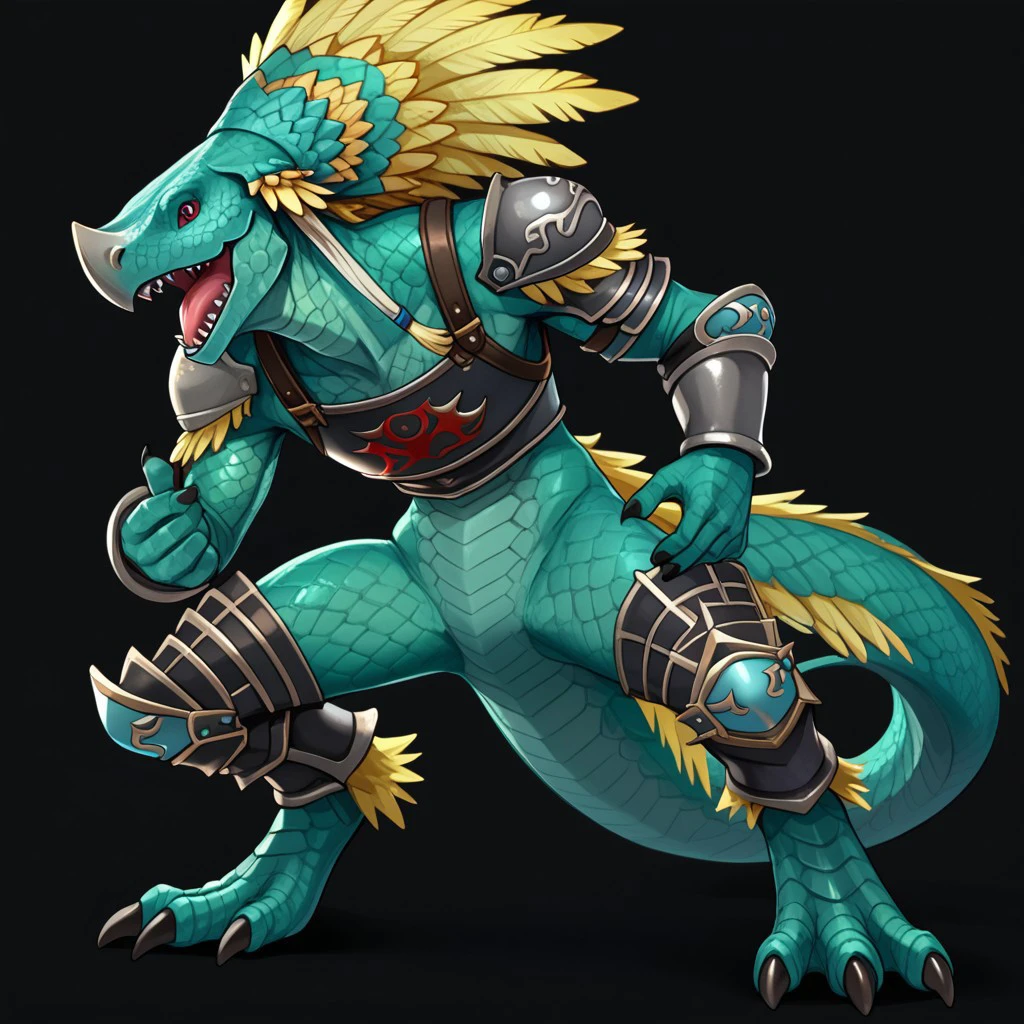 lizardman sc3, lizardman, reptile, scalie, anthro, furry, greenish teal scales, greenish cyan scales, yellow feathers, red eyes, black claws, 5 fingers, 3 toes, armor, solo, open mouth, black background, simple background, scales, tail, sharp teeth, tongue, breastplate, shoulder armor, knee armor, black armor, grey armor, male, featureless crotch, masterpiece, ultra detailed, high quality, score_9, score_8_up, score_7_up, score_6_up, score_5_up, score_4_up