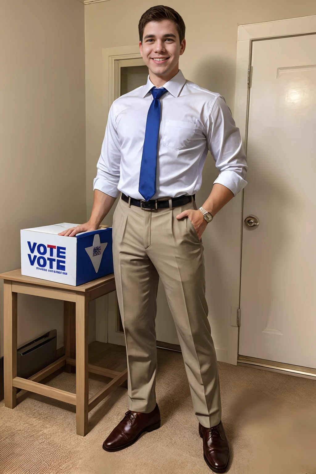 election voting locations, standing beside ballot box, smiling, WillBraun, wearing white shirt, "VOTE" sticker on shirt, blue tie, khaki slacks, dress shoes, ((full body portrait)), wide angle <lora:WillBraun:0.8>