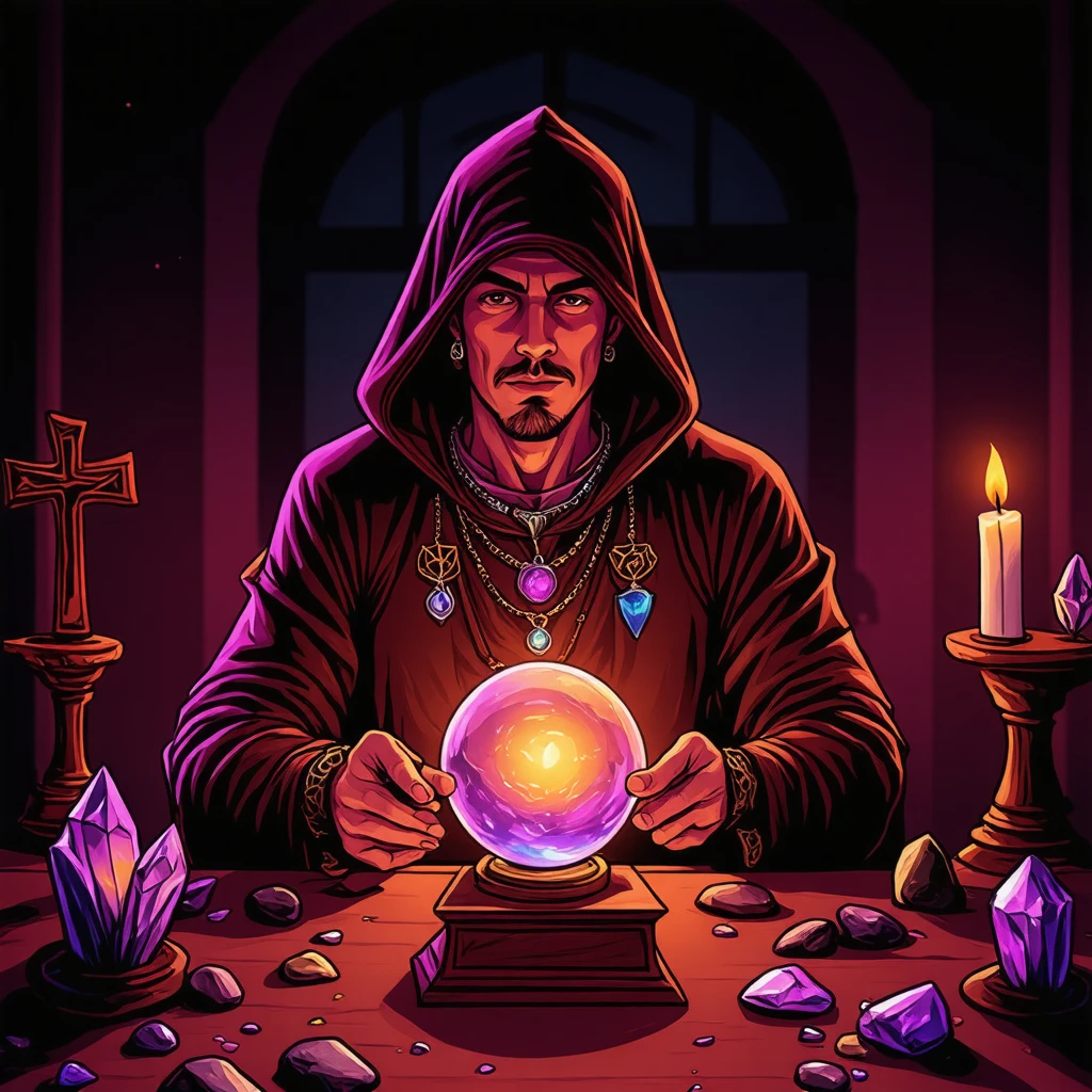 synthwave illustration, A man is seated at a table, focusing on a glowing crystal ball. He wears a brown robe with a hood and various jewelry around his neck, including pendants that suggest he might be involved in some form of mystical or occult practice. The setting appears to be indoors during the night, given the dark tones and ambient lighting provided by candles. No vehicles are visible; instead, there's an assortment of magical artifacts such as crystals, a cross on a pedestal, and scattered stones around him, which complement his attire and demeanor indicative of someone engaged in divination or ceremonial practices.