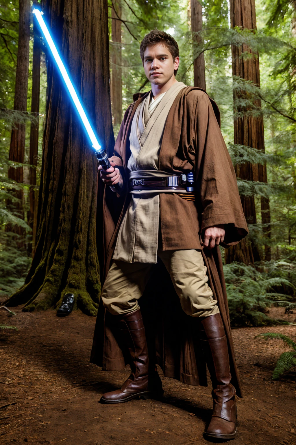 standing in a redwood forest among giant redwood trees, WillBraun is a jedi padawan in jedioutfit, (holding lightsaber), (((full body portrait))), wide angle <lora:jedioutfit:0.65> <lora:starwars:0.25>    <lora:WillBraun:0.8>