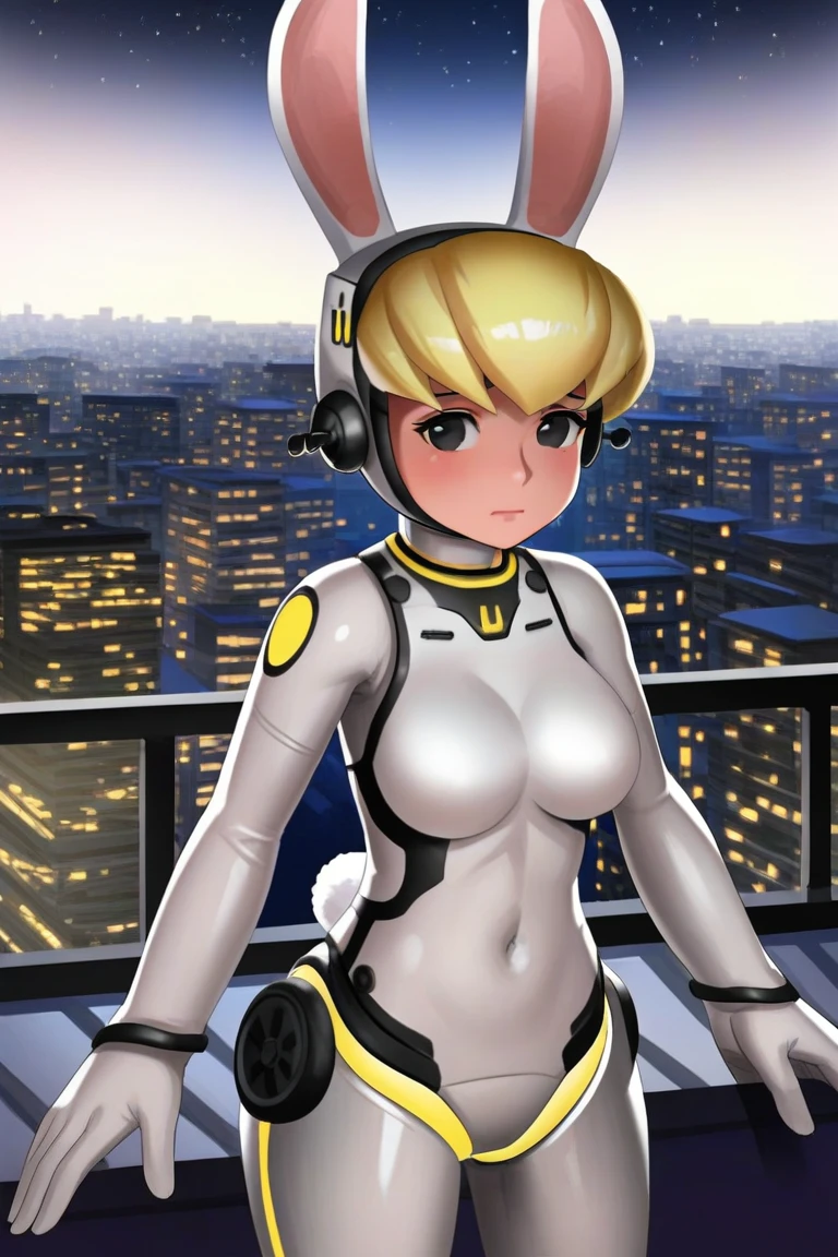 score_9, 2d, anime, luxury spa, (digital artwork), high quality, beautiful, detailed, city, night, dark sky, stars, ((solo)), buffy-sugo, (white body), robot, robot joints, white helmet, short hair, blonde hair, black eyes, rabbit ears, (yellow glowing elements:1.2), standing, looking at the stars, relaxed, sad, 3/4 view