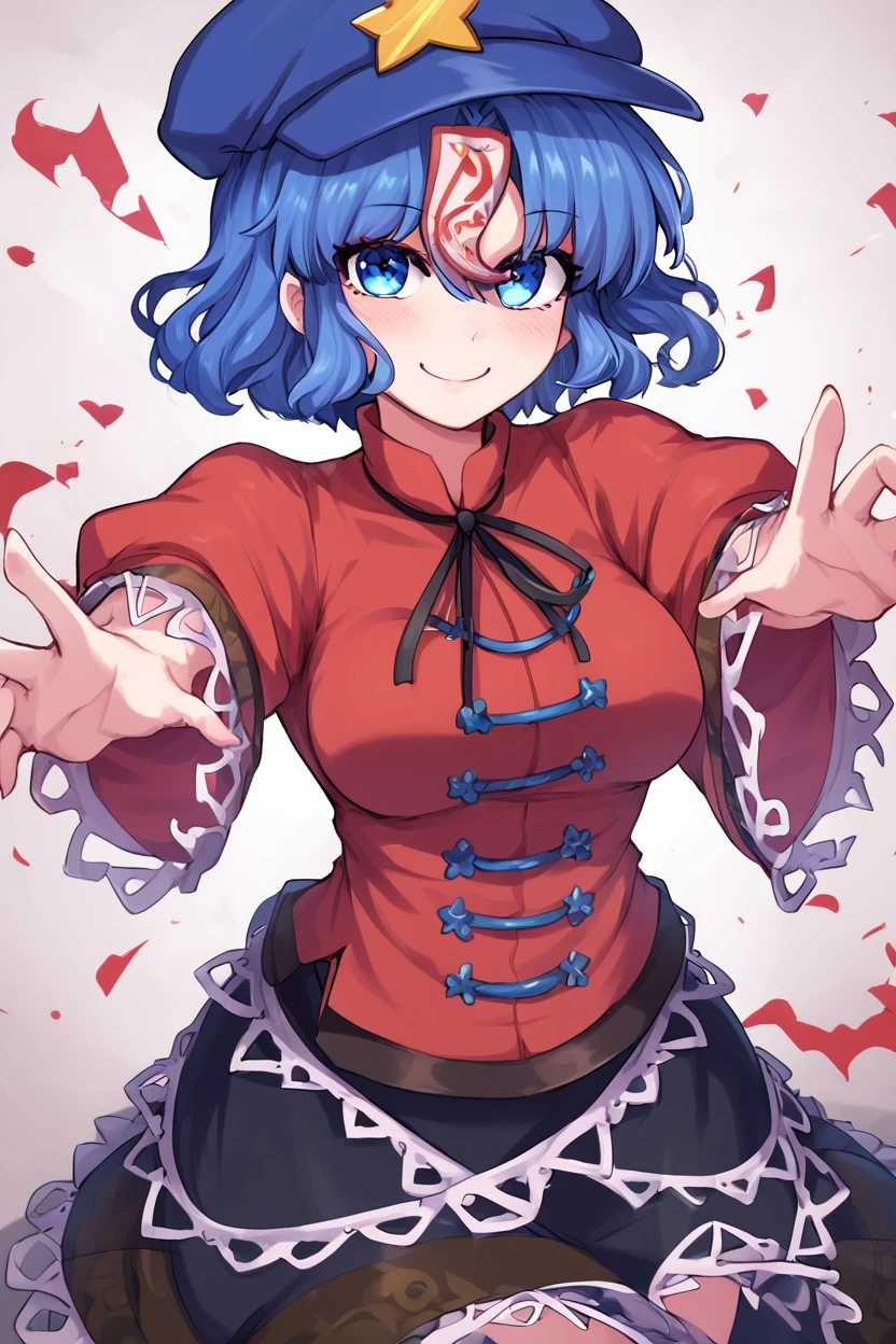 score_9, score_8_up, score_8, medium breasts, (curvy), cute, eyelashes,       ,,, , ,,, zzMiyako, blue eyes, blue hair, short hair, jiangshi, pale skin,  hat ornament, ofuda, star hat ornament, zombie pose, outstretched arms, black skirt, shirt <lora:MiyakoYoshika_Touhou_PDXL:1.0>,     ,,,, BREAK, <lora:Afrobull_PDXL_v5:0.8>,  ,,, BREAK, smile, looking at viewer, closed mouth, cowboy shot,  ,,, embedding:zPDXL, Expressiveh, ,,, <lora:SDXLFaeTastic2400:0.5>, <lora:Expressive_H-000001:0.4>,