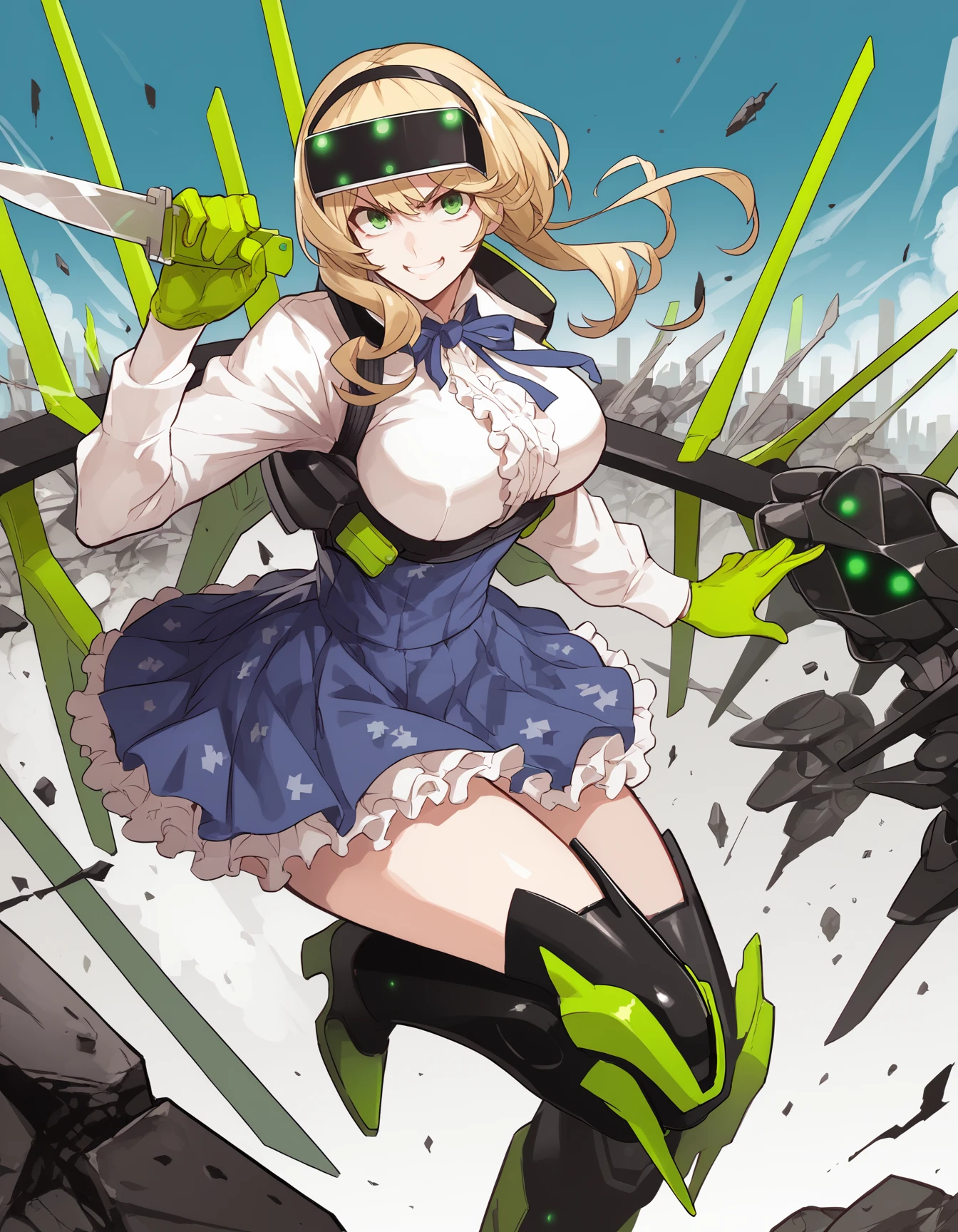 score_9, score_8_up, score_7_up, <lora:lyudmila-v5-ponyxl-000055:1> lyudmila, head-mounted display, mecha musume, neck ribbon, long sleeves, underbust, gloves, high-waist skirt, thigh boots
1girl, solo, fighting stance, smirk, holding knife, incoming attack, city, battlefield, rubble, upper body