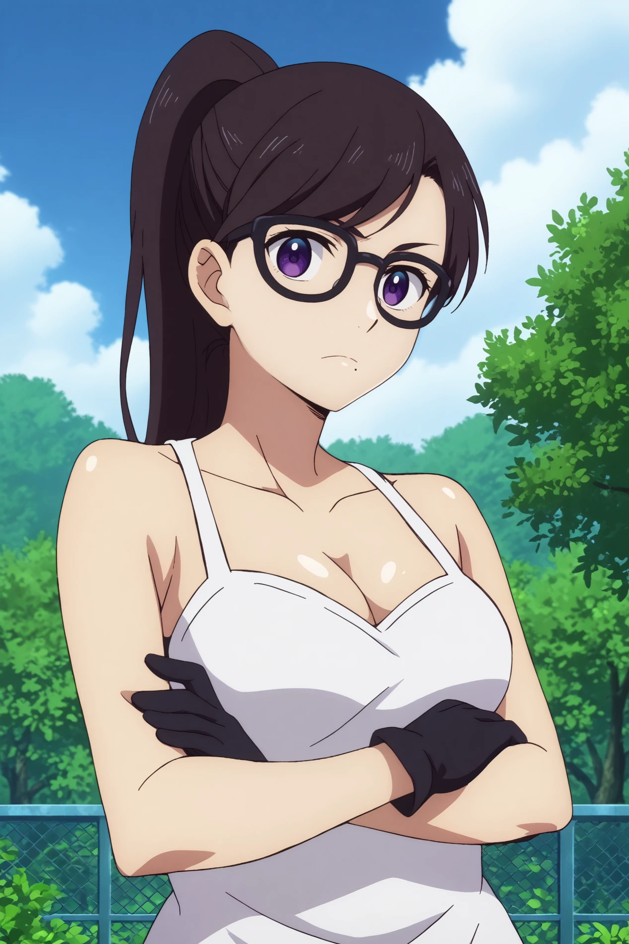 hizuru minakata,1girl,solo,glasses,breasts,cleavage, gloves, ponytail, mole under mouth,long_hair, looking at viewer,black-framed eyewear,bangs,  BREAK outdoors,blue sky,cloudy_sky,sunshine    <lora:Hizuru_Minakata_-_Summer_Time_Rendering.safetensors:0.8> <lora:detailed_backgrounds_v2.safetensors:0.5> <lora:Spiderlily.safetensors:0.8>