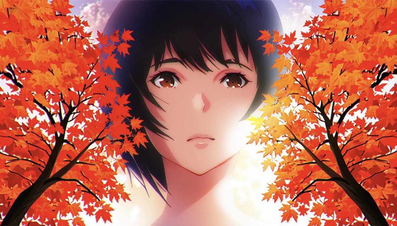 modern anime style, A close-up shot of a girl's face in the center, looking directly at the viewer. Autumn maple trees with red leaves frame both the left and right sides of the background, with the sky visible in the middle.