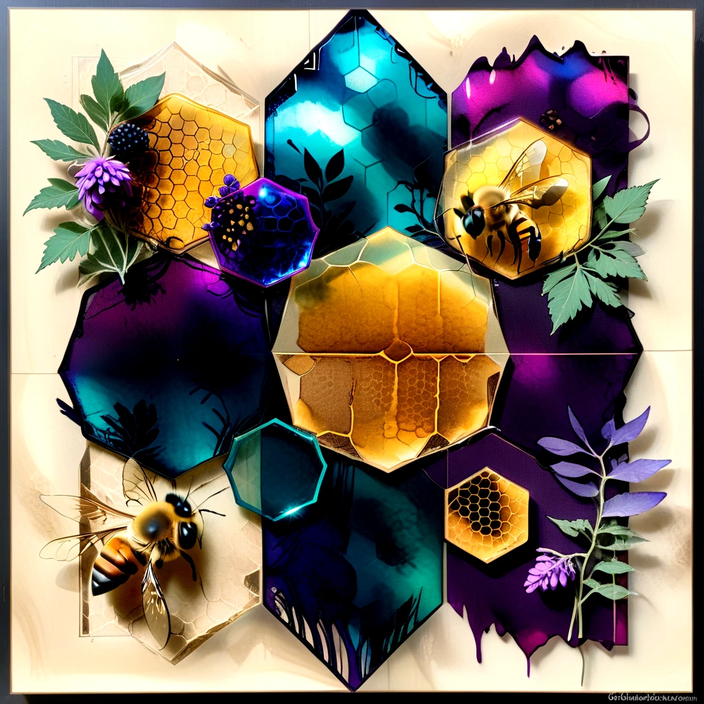 geometric nature print, , arcs, alcohol ink, burlap, gothic style, 3D Shadows, jewel tones, honeycomb pattern, double exposure effect, holographic accents, dynamic, raised texture, transparent finish  <lora:artfully_4QUADKAOS:1>,