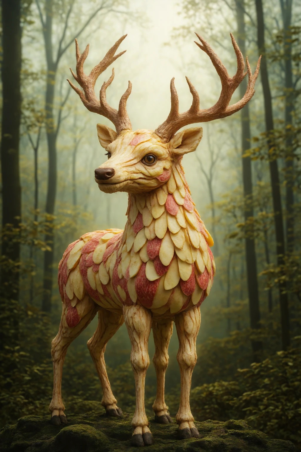 Fruitmix_flx, Photorealistic deer sculpture created from red and green apples, with the deer's body crafted from smooth apple skin and the antlers made from intertwined apple stems. The face is formed from sliced apples, showing both the red and white flesh. Set in a misty forest background with gentle sunlight filtering through, highlighting the natural apple texture and blending it seamlessly with the deer's form.