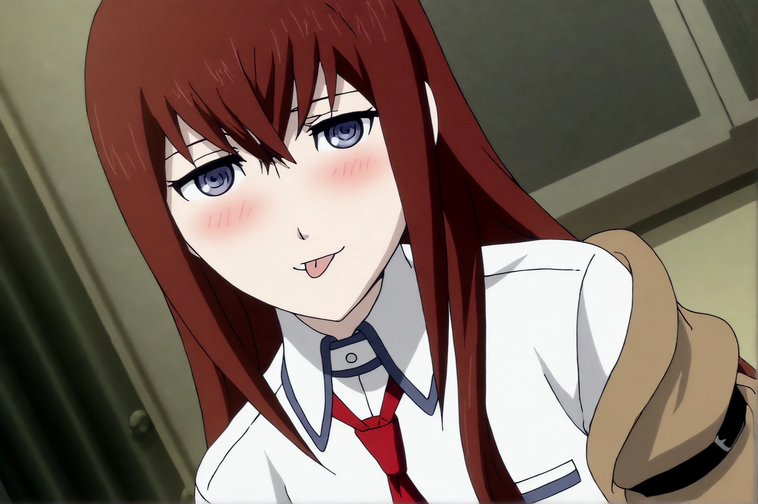 makise kurisu, main outfit, seductive smile, full body, happy, blush, tongue out,  <lora:JN_Makise_Kurisu_IL:0.8>