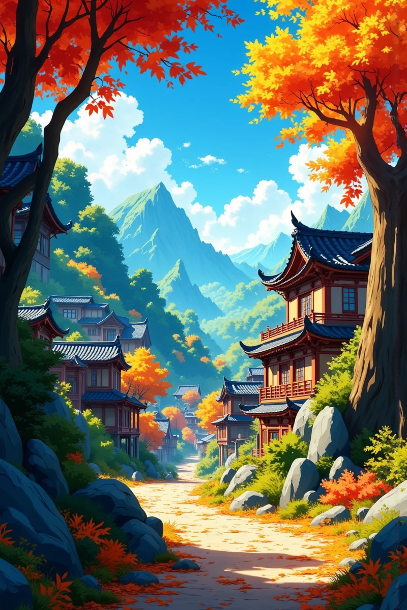 This is an anime style movie background.  The image is rendered in a clean, modern, and vibrant style, with bold, smooth lines and vibrant colors. {__test2_location__|__japanese_countryside_elements__ {and __japanese_countryside_elements__|}}<lora:anime_digital_painting-000011:1>