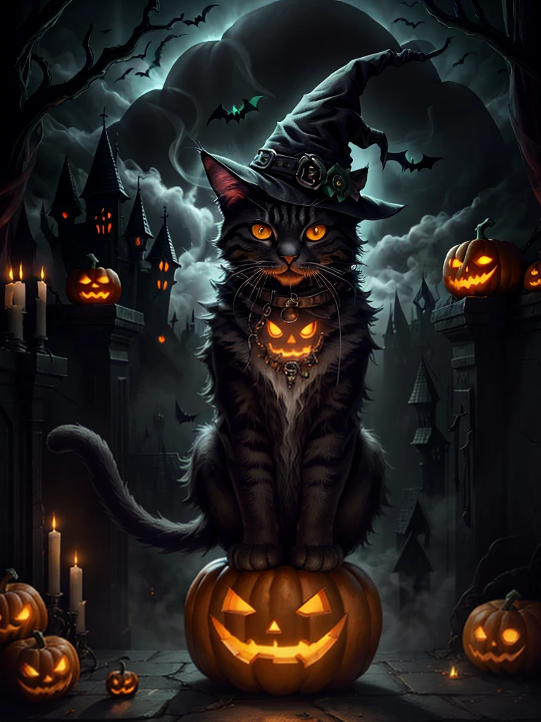 A magical cat is perched on a giant jack-o-lantern with a sinister expression. The scene is dark and eerie, lit by dramatic, flickering firelight that casts spooky shadows. Fog and smoke drift around, adding a haunting vibe. The cat wears a cute mage hat, giving it a mysterious, mystical look. It’s Halloween night, and the whole atmosphere is full of spooky, enchanted energy <lora:Halloween Tech:0.5>