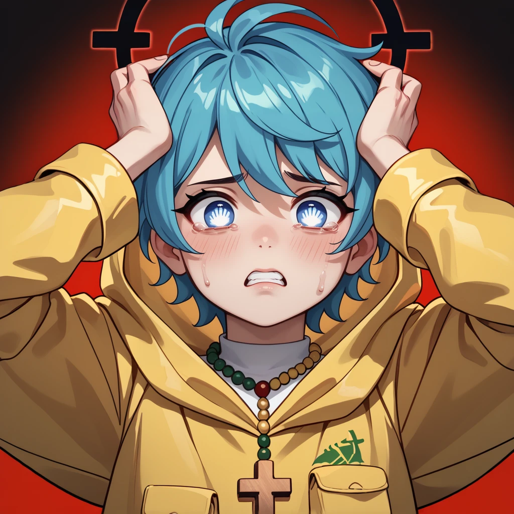 score_9,score_8_up,score_7_up,
luca-light,aqua hair,short hair,blue eyes,symbol-shaped pupils,rosary,yellow raincoat,hood up,green logo,cowboy shot,
looking at monitor,
<lora:symbol3:0.7>,<lora:AfflictionPDXL_byKonan:0.6>,affliction,black halo,hands on own head,pain,upper body,solo,red background,black background,