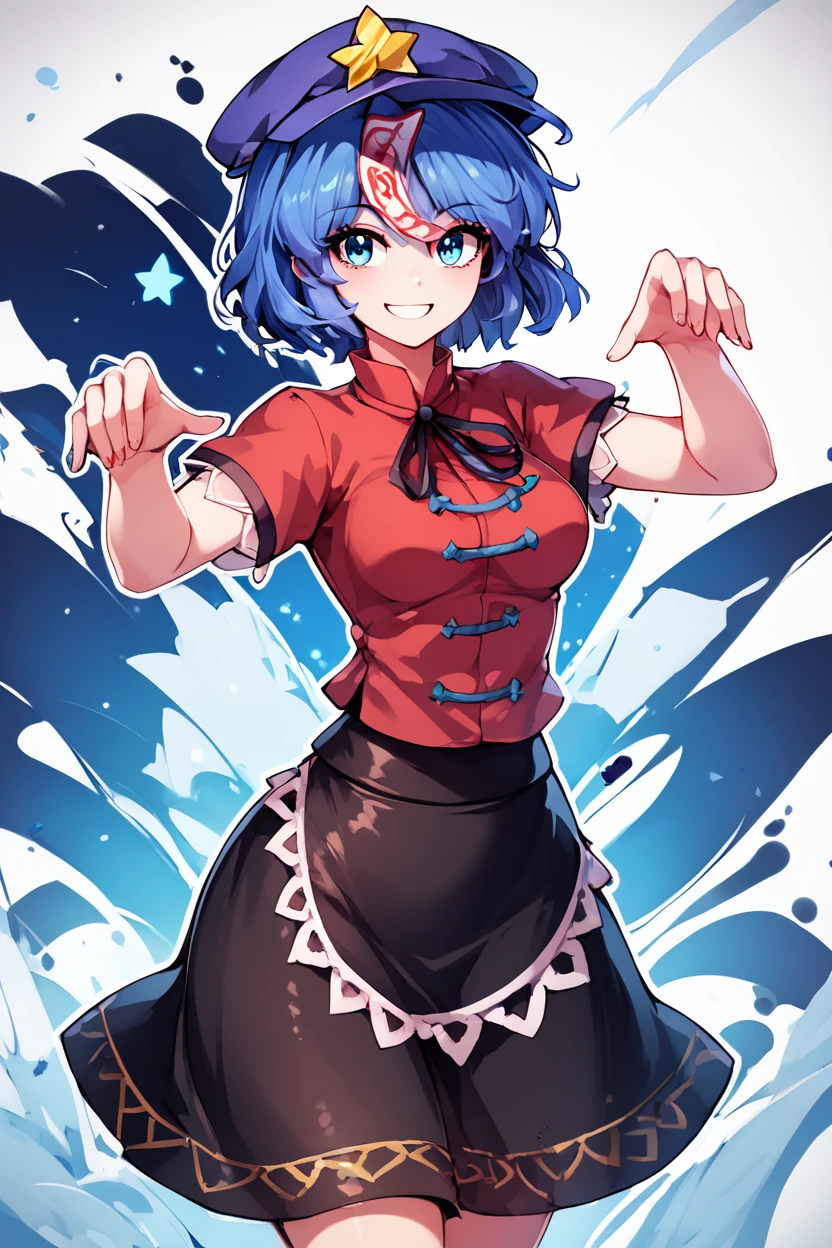 score_9, score_8_up, score_8, medium breasts, (curvy), cute, eyelashes,       ,,, , ,,, zzMiyako, blue eyes, blue hair, short hair, jiangshi, pale skin,  hat ornament, ofuda, star hat ornament, zombie pose, outstretched arms, black skirt, shirt <lora:MiyakoYoshika_Touhou_PDXL:1.0>,     ,,,, BREAK, smile, looking at viewer, ,,, abstract background, white outline, cowboy shot, ,,, embedding:zPDXL, Expressiveh, ,,, <lora:CatalystStylePDXL:0.6>, <lora:SDXLFaeTastic2400:0.5>, <lora:Expressive_H-000001:0.4>,