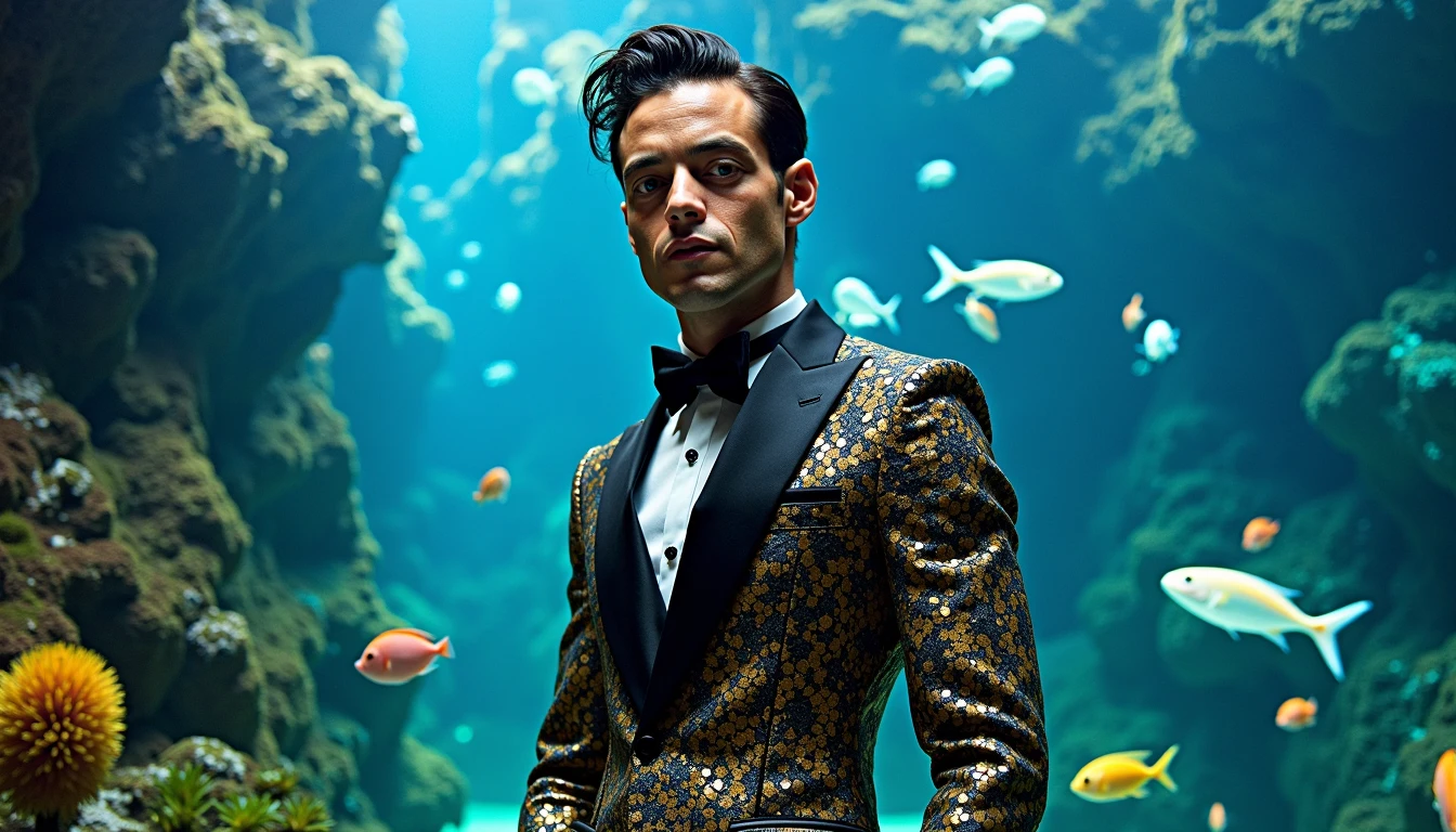 Rami Malek dressed up near his Piranja aquarium