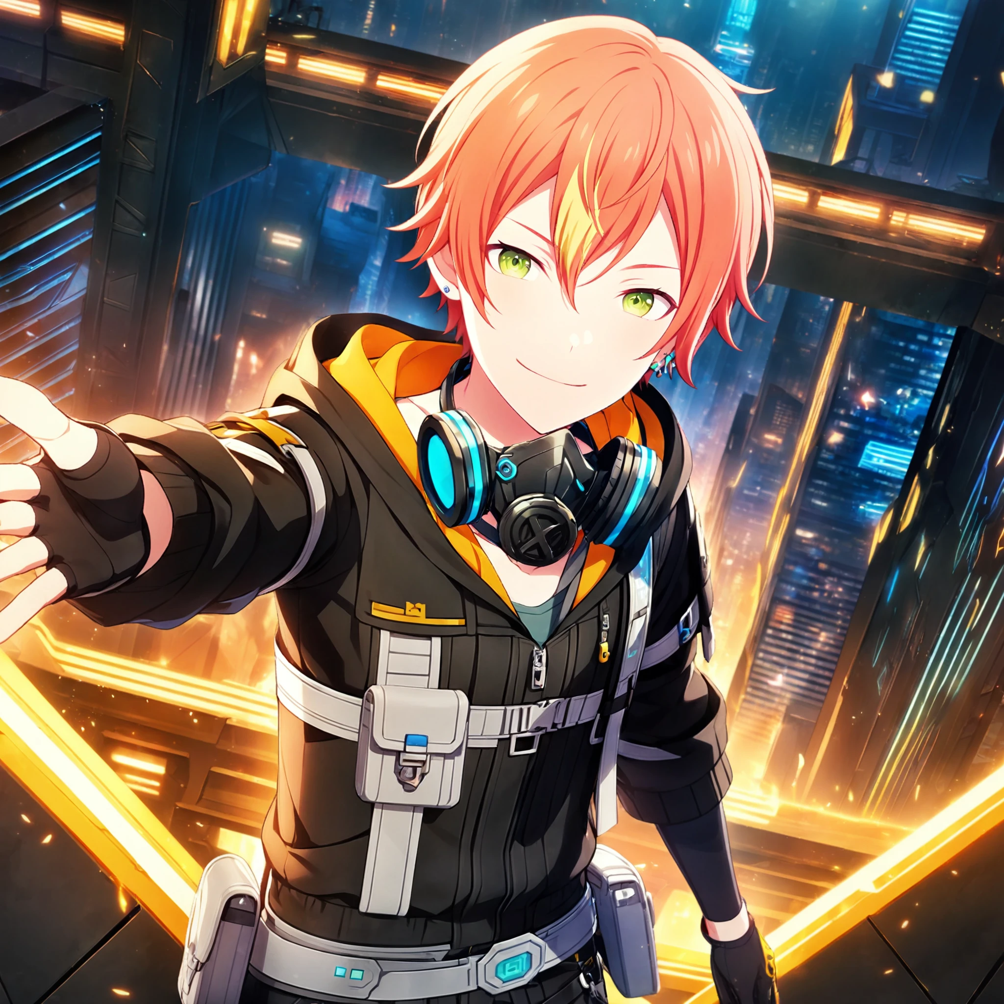 1boy, shinonome akito, project sekai, masterpiece, very aesthetic, absurdres, official art,
maverick mask suit, orange hair, short hair, yellow streak hair, green small eyes, earrings, 
looking at viewer, smiling, closed mouth, reaching, from above, BREAK
black gloves, black jacket, single fingerless glove, black pants, hood, black elbow glove, holster, mask around neck, pouch, long sleeves, hood down, belt, respirator, hooded jacket, hoodie,  gas mask, orange line, orange trim, 
cyberpunk city, light rays, luminescence, dark atmosphere, neon sign, skyscraper, City of night,
<lora:sdxl-vbs-CyberToya02:0.9:lbw=0,0,0.2,0.2,0,0.4,0.4,0,0.8,0.8,0,0,0,0.8,0.8,0.6,0.8,0.0,0.0,0.0,0,0,0,0,0,0>