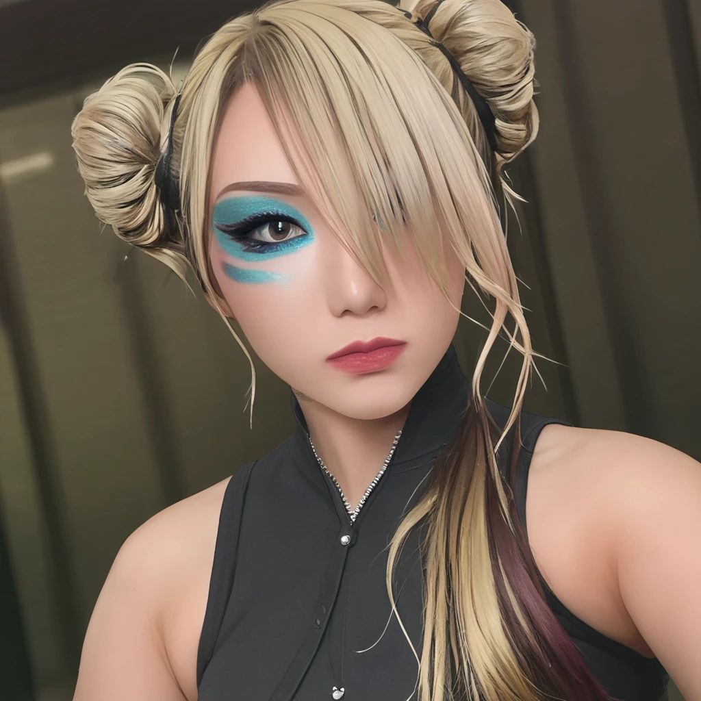 masterpiece,  best quality,   <lora:Pony_Kairi_Sane:1>, k@iri$ane, 1girl, solo, blonde hair, hair bun, makeup, hair over one eye, double bun, looking at viewer, brown eyes, eyeshadow, multicolored hair, upper body, blue facepaint, facepaint