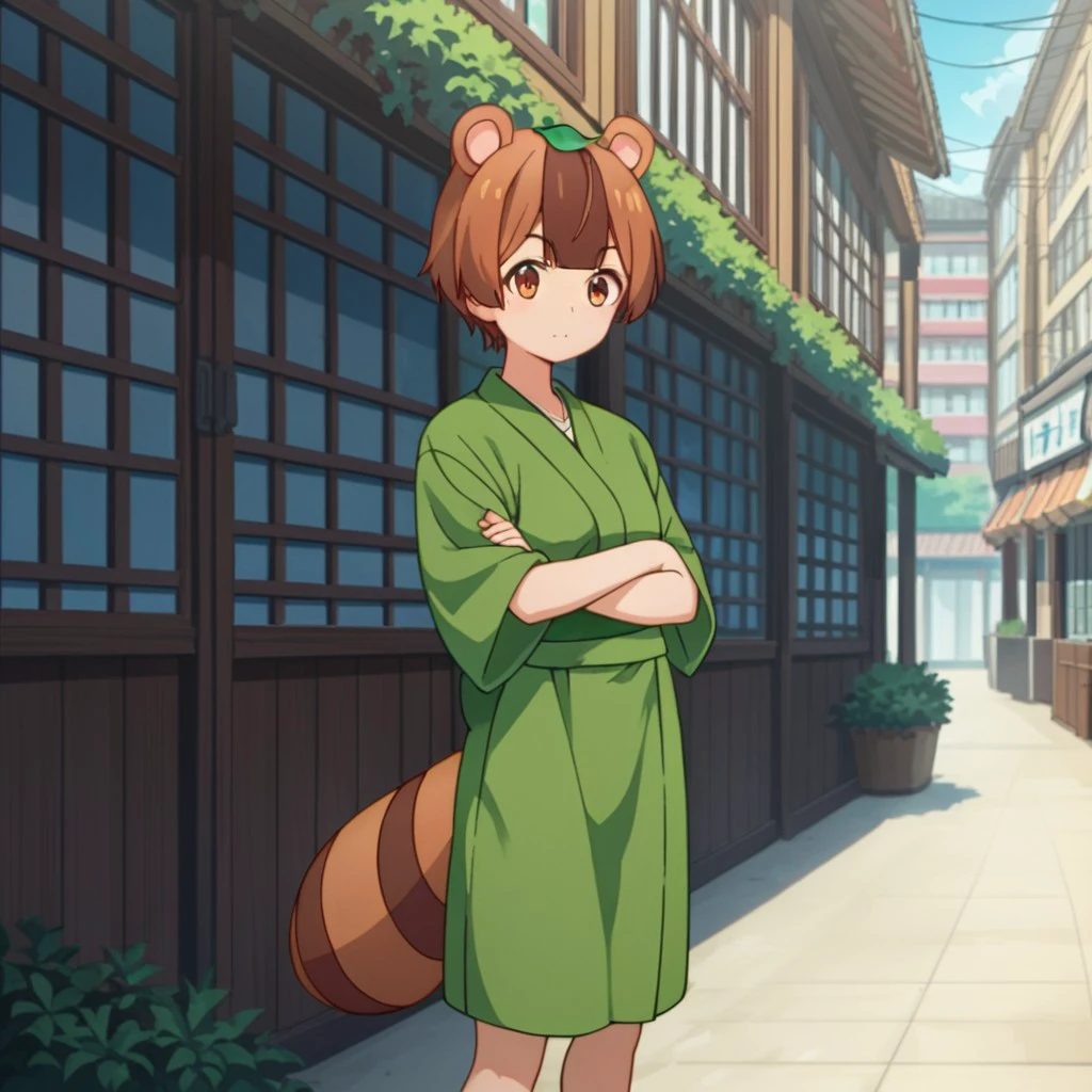 score_9, score_8_up, score_7_up, score_6_up, score_5_up, score_4_up, source_anime ,mamedatan, human, female, brown hair, brown eyes, leaf on head, green kimono, standing, city,  raccoon tail, raccoon ears,, <lora:22dad5bf-46de-4cf4-9044-4800f87d16c9:0.7>