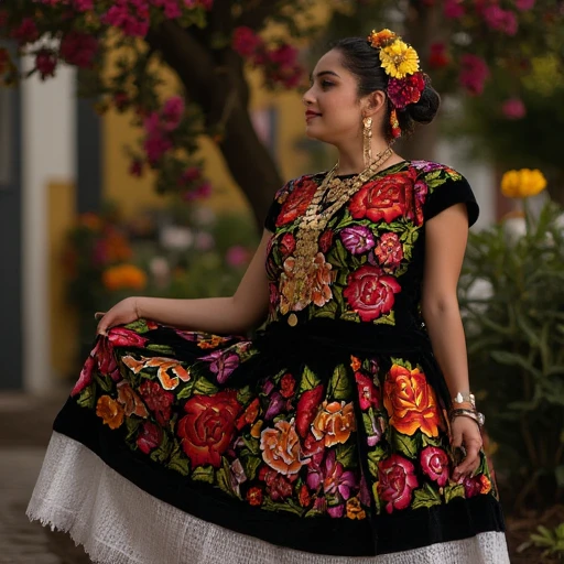 20 years old woman, she has black hair and black eyes, her hair is bun, she is wearing a tradicional mexican dress, the dress is black with embroidered flowers