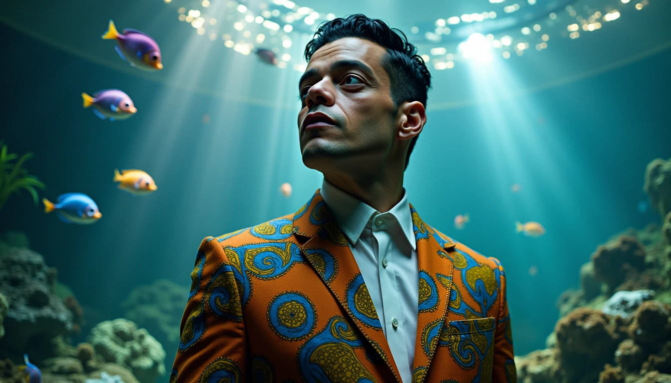 Rami Malek dressed up near his Piranja aquarium