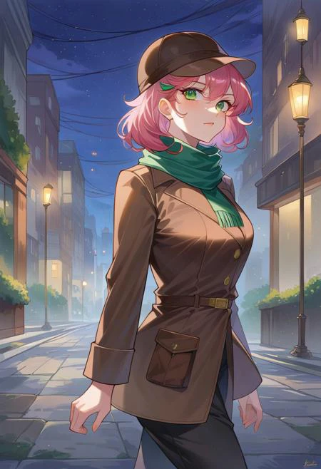 Masterpiece, High quality, OC, Female Adult woman, solo, 1girl, Detective woman, Short pink hair, Green eyes, Long Brown detective coat, brown Detective deerstalker hat, green scarf, black pants, serious face expression, walking, Brooklyn streets, night time sky, Tall light pols, Fog, bottom side view