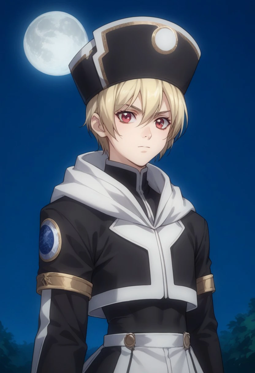 score_9, score_8_up, score_7_up, source_anime, highly detailed, 
ionfortuna, 1boy, male focus, solo, blonde hair, hair between eyes, red eyes, hat, black headwear, jacket, black jacket, cropped jacket, long sleeves, hood, shirt, black shirt, upper body,
outdoor, night, moon, dark,