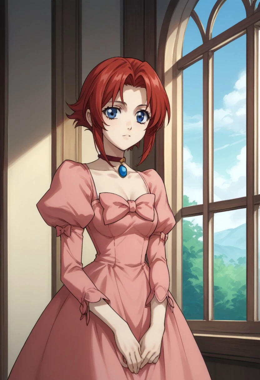 score_9, score_8_up, score_7_up, source_anime, highly detailed, 
esther, 1girl solo, red hair, short hair, blue eyes, jewelry, chocker, dress, pink dress, bow, puffy sleeves,
indoor, window,