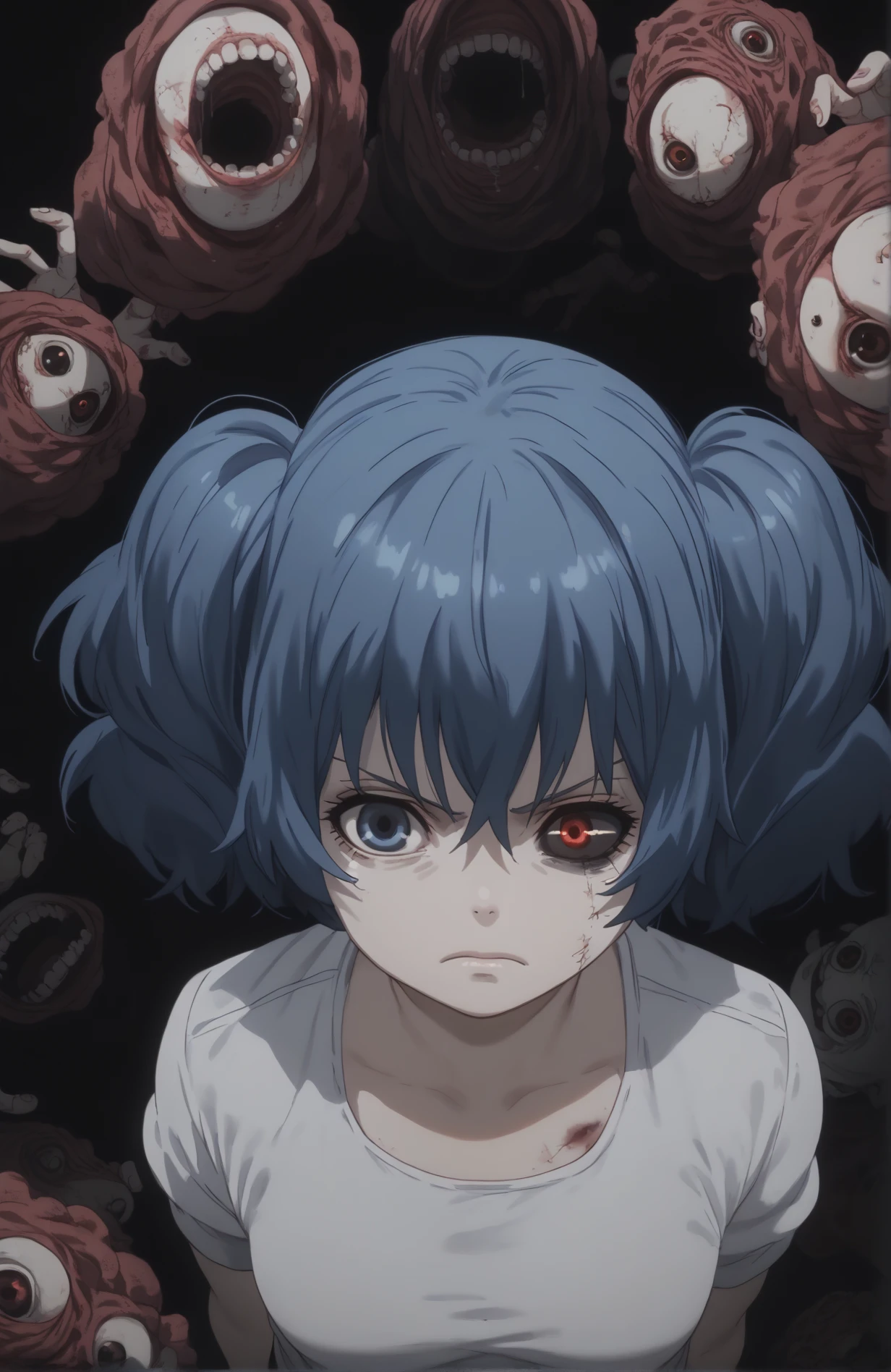 score_9,score_8_up,score_7_up,score_6_up,
, portret, close up, heterochromia, red eyes, black sclera, tokyo ghoul, horror_(theme) , frown, from above, perspective, looking at viewer, white shirt, simple simple background, 
, saiko, 1girl, solo, blue eyes, blue hair. twintails, <lora:saiko v2-000006:1>