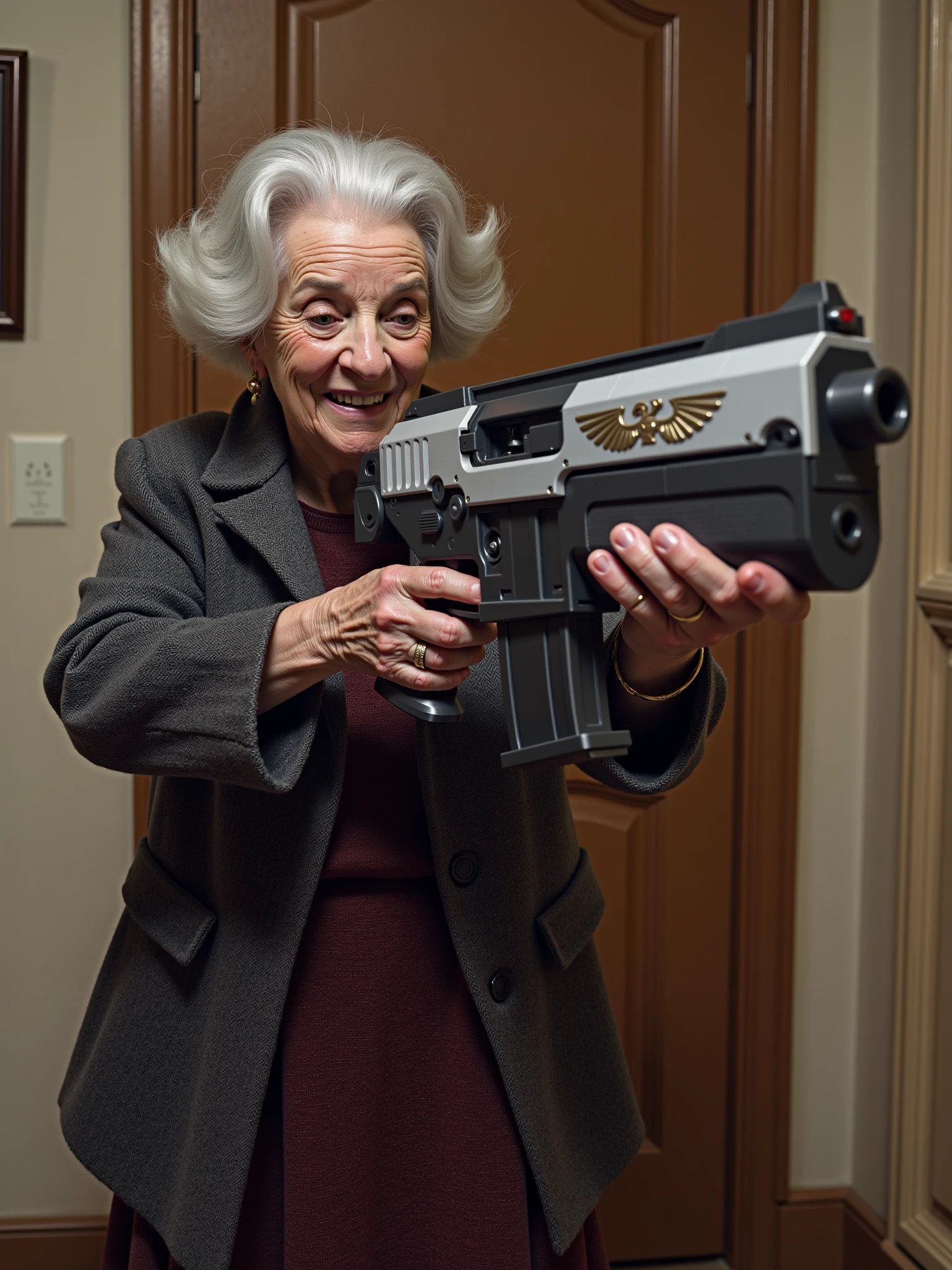 fullbody of an old lady, she is holding an mad-gdwn-bltr gun with one hand aiming at a burglar who broke into her house, the gun is covered in crocheted cloth  <lora:Bolter_Godwyn_FLUX:0.9> mad-gdwn-bltr