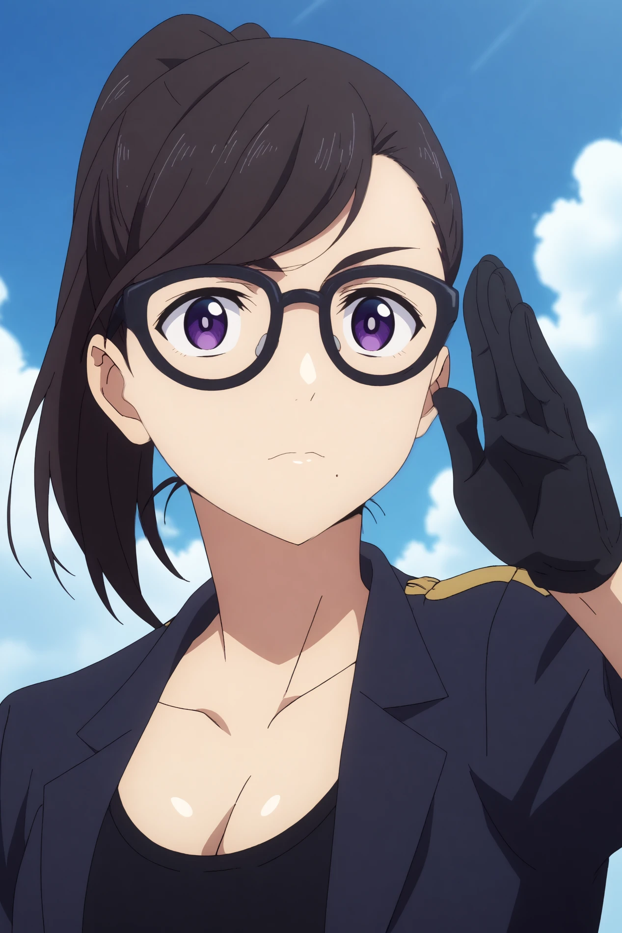  hizuru minakata,1girl,solo,glasses,breasts,cleavage, gloves, ponytail, mole under mouth,long_hair, looking at viewer,black-framed eyewear,bangs,salute  BREAK outdoors,blue sky,cloudy_sky,sunshine    <lora:Hizuru_Minakata_-_Summer_Time_Rendering.safetensors:0.8> <lora:detailed_backgrounds_v2.safetensors:0.5>