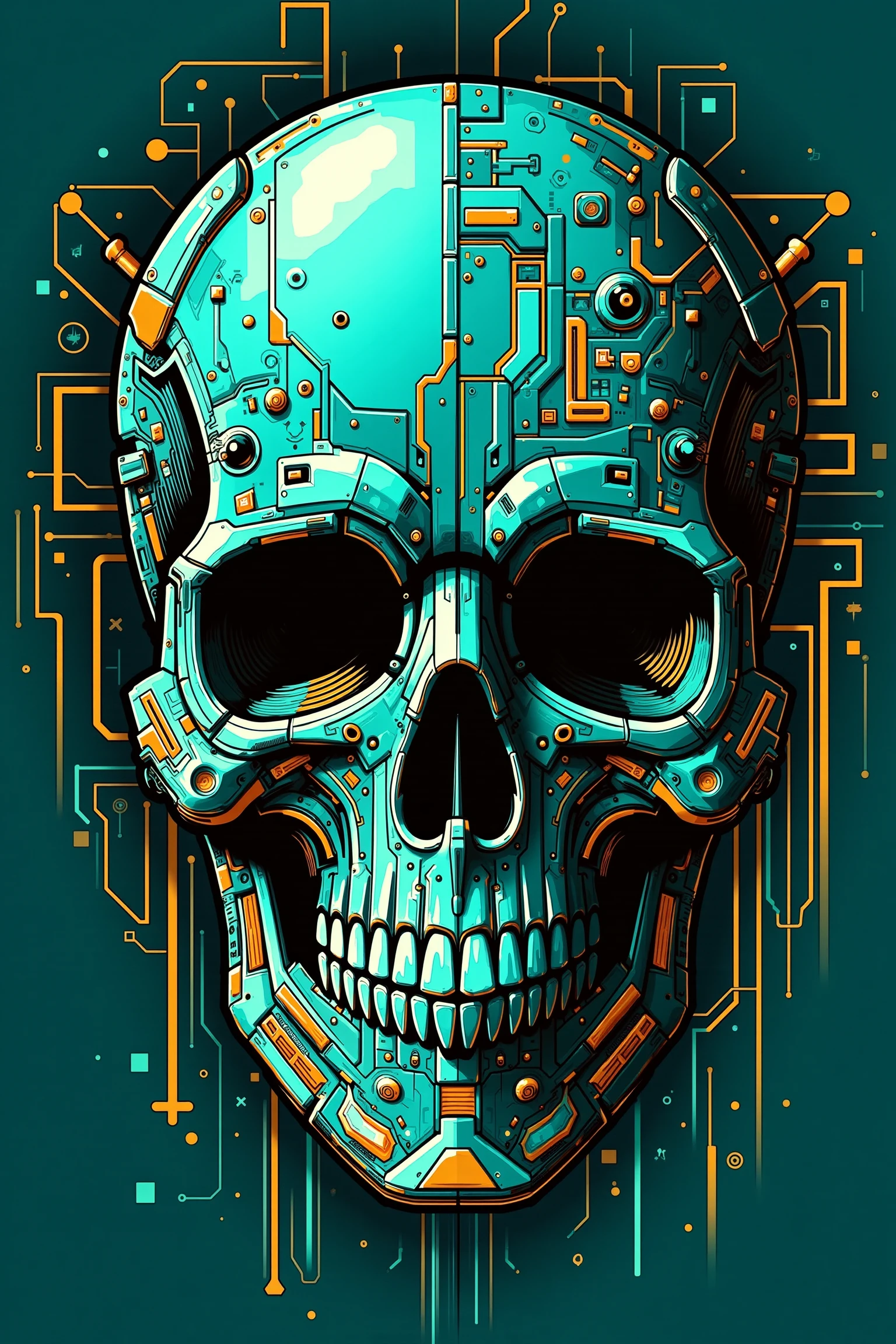 cyberpunk skull, teal background, orange outlines, <lora:neon-cyberpunk-cubism-flux-000009:1.0>