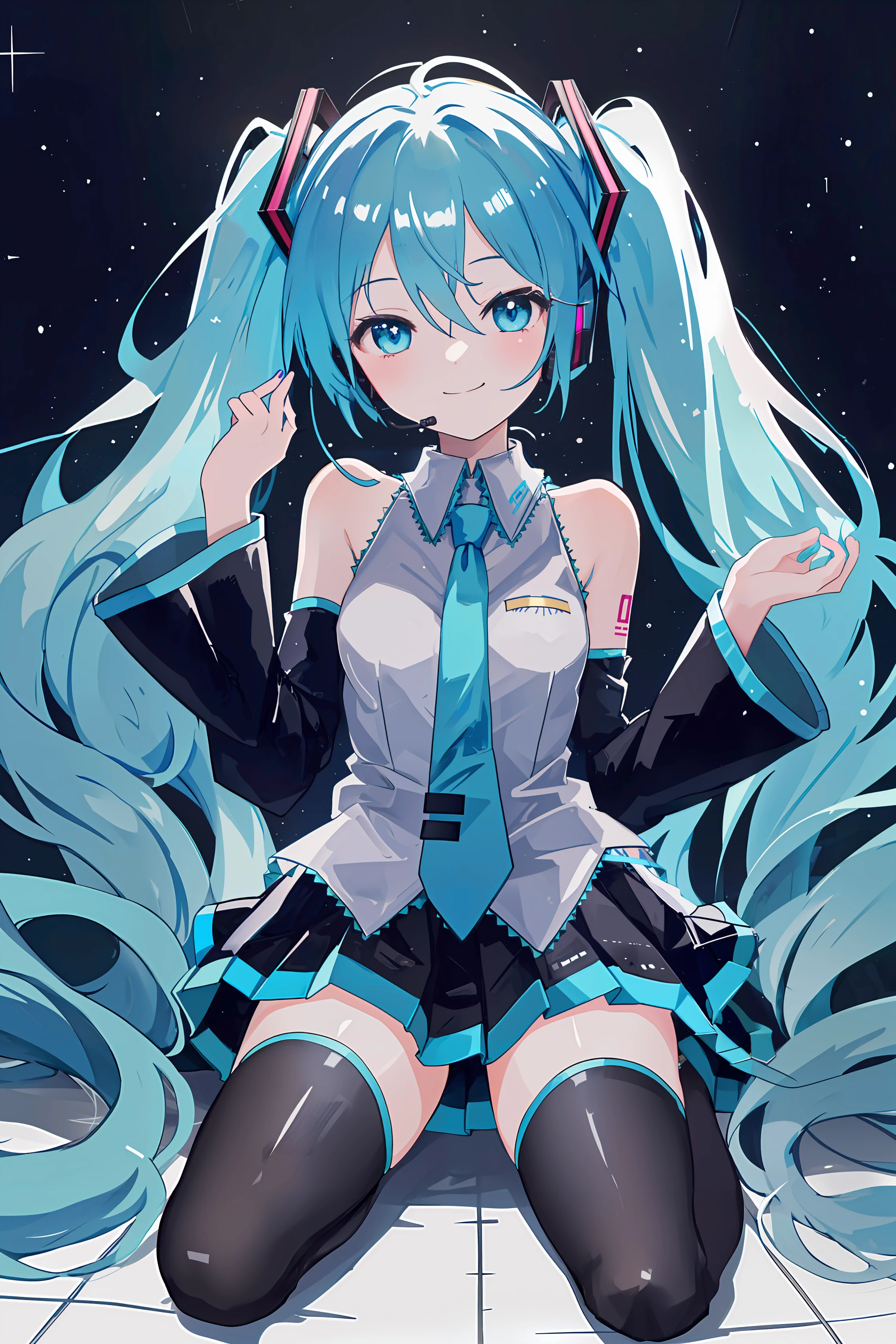 1girl, 
hatsune miku,  
solo, full body, dreamlike, a dreamy scene, looking at viewer, black skirt, detached sleeves, tie clip, aqua necktie, bare shoulders, grey shirt, smile, sleeveless, shirt, frills, necktie, hair between eyes, sleeveless shirt, twintails, aqua hair, hair ornament, pleated skirt, very long hair, sleeves past wrists, black thighhighs, headset, aqua nails, blue eyes, thighhighs, long hair, skirt, star \(symbol\), frilled shirt, collared shirt, zettai ryouiki, black sleeves, sleeves past fingers, closed mouth, transparent background, chibi, frilled shirt collar, no shoes
 <lora:chuyin-000022:0.8>