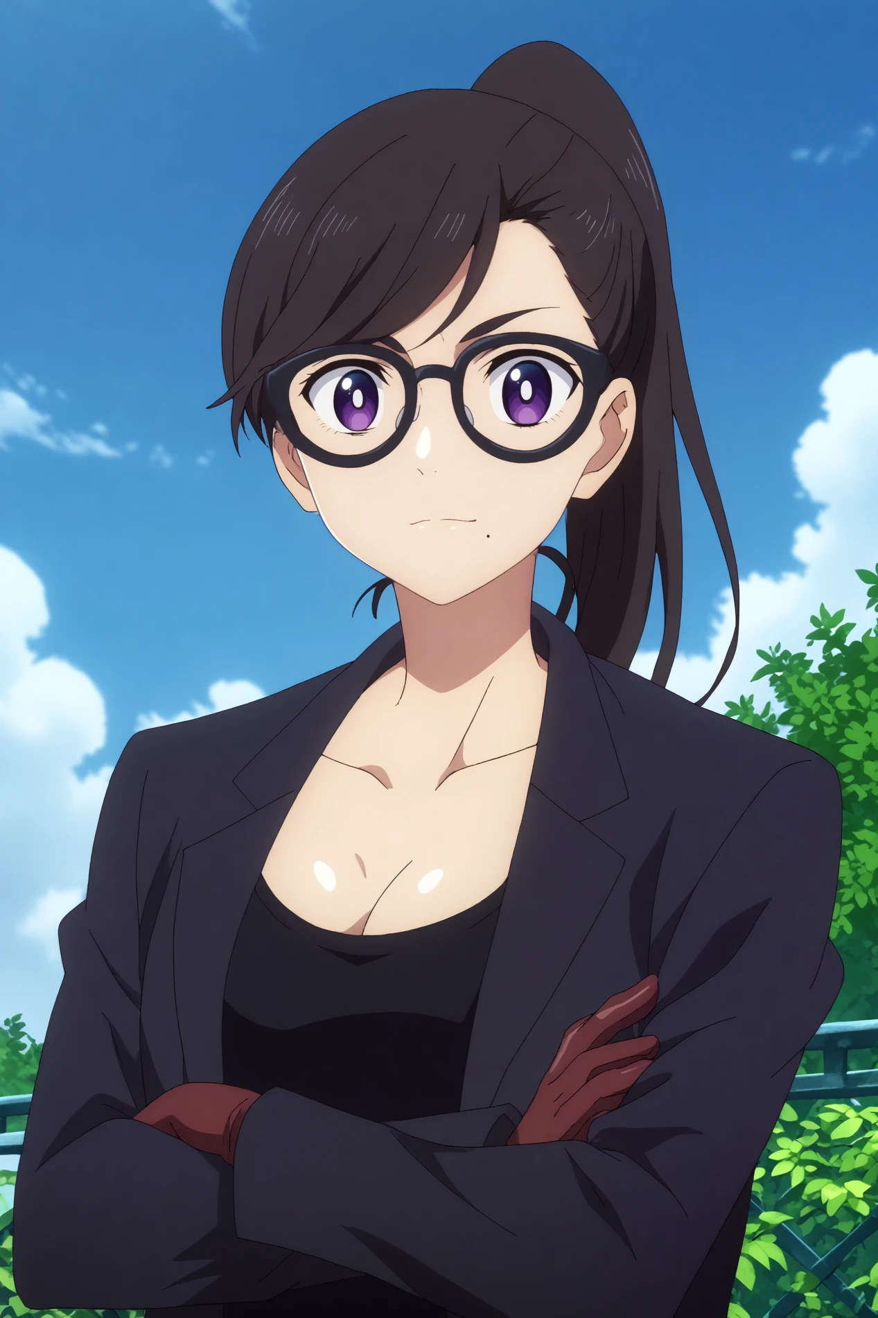 hizuru minakata,1girl,solo,glasses,breasts,cleavage, gloves, ponytail, mole under mouth,long_hair, looking at viewer,black-framed eyewear,bangs,  BREAK outdoors,blue sky,cloudy_sky,sunshine    <lora:Hizuru_Minakata_-_Summer_Time_Rendering.safetensors:0.8> <lora:detailed_backgrounds_v2.safetensors:0.5> <lora:Spiderlily.safetensors:0.8>