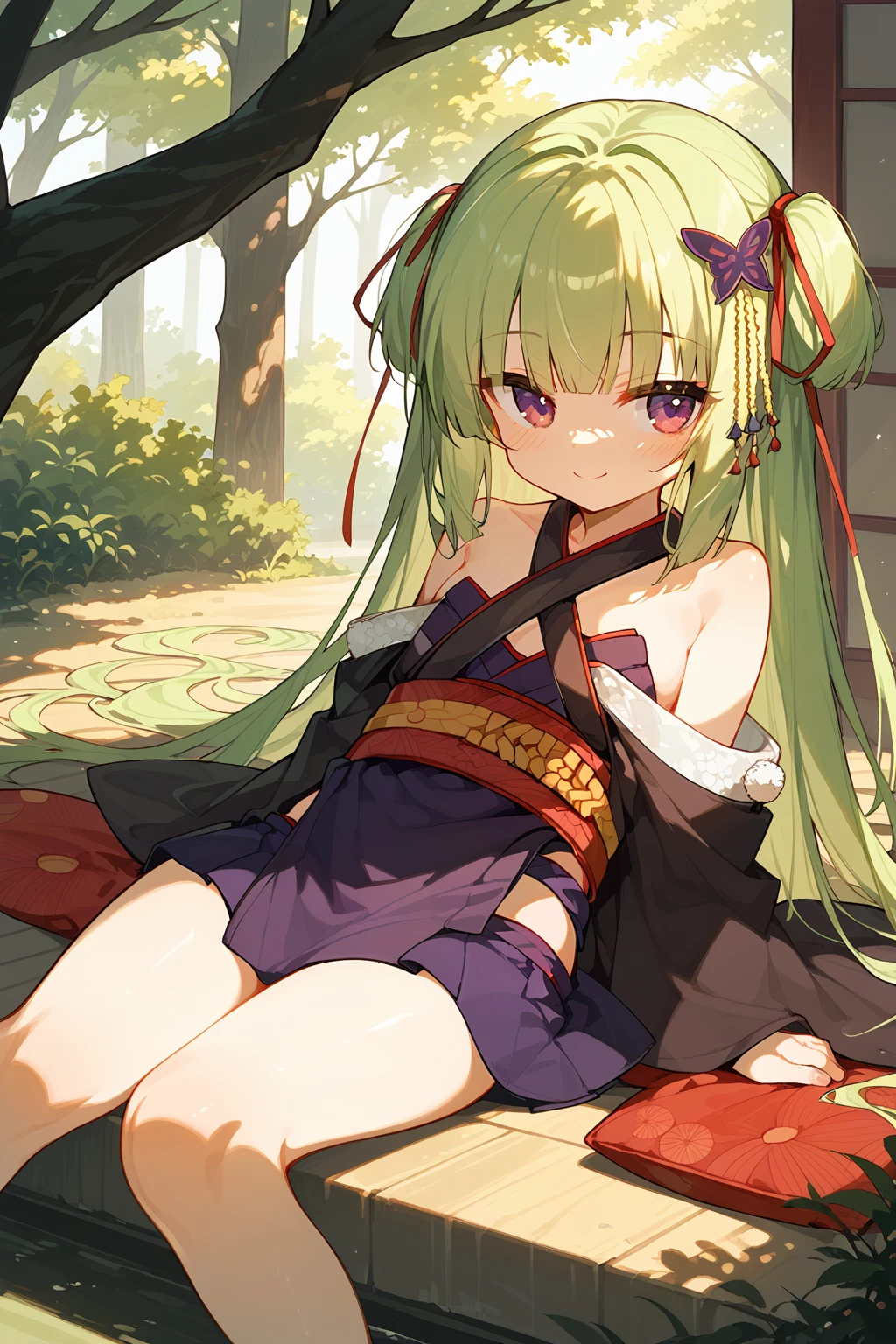 (score_9,score_8_up,score_7_up),<lora:congyu(Senren Banka)-v1:1>,congyu(Senren*Banka),1girl,1boy,long hair,lap pillow,green hair,japanese clothes,smile,bare shoulders,ribbon,hair ribbon,very long hair,kimono,red eyes,brown hair,hair ornament,sitting,sash,brown eyes,obi,blush,dappled sunlight,looking at viewer,purple eyes,lying,off shoulder,tree shade,collarbone,
good feet,anime,NSFW,expressive,amazing quality,ultra hd 32k,