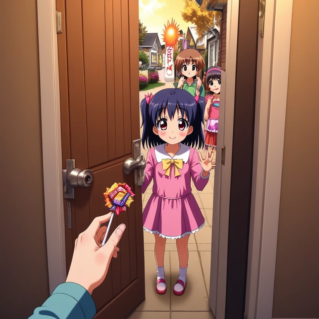 trick or treat, handing out candy, doorway, cute, anime