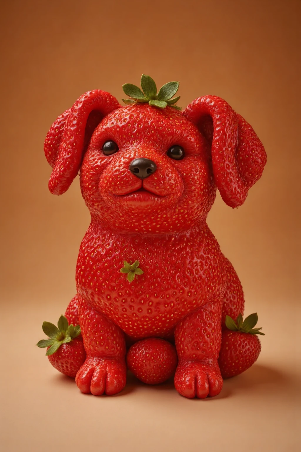 Fruitmix_flx, Photorealistic sculpture of an adorable, small dog crafted entirely from strawberries, with the body, head, and legs made from carefully shaped, plump strawberries. The dog's ears are formed from elongated strawberry slices, giving them a floppy, playful appearance. The nose is a small dark strawberry seed for added realism, and the eyes are made from tiny strawberry seeds for a cute, expressive look. The vibrant red color of the strawberries and the glossy texture of the skin add a lifelike quality, with tiny details like strawberry leaves on top of the head, resembling a natural 'hair' accessory. Set against a soft, warm background to enhance the endearing, whimsical nature of the strawberry-crafted dog.